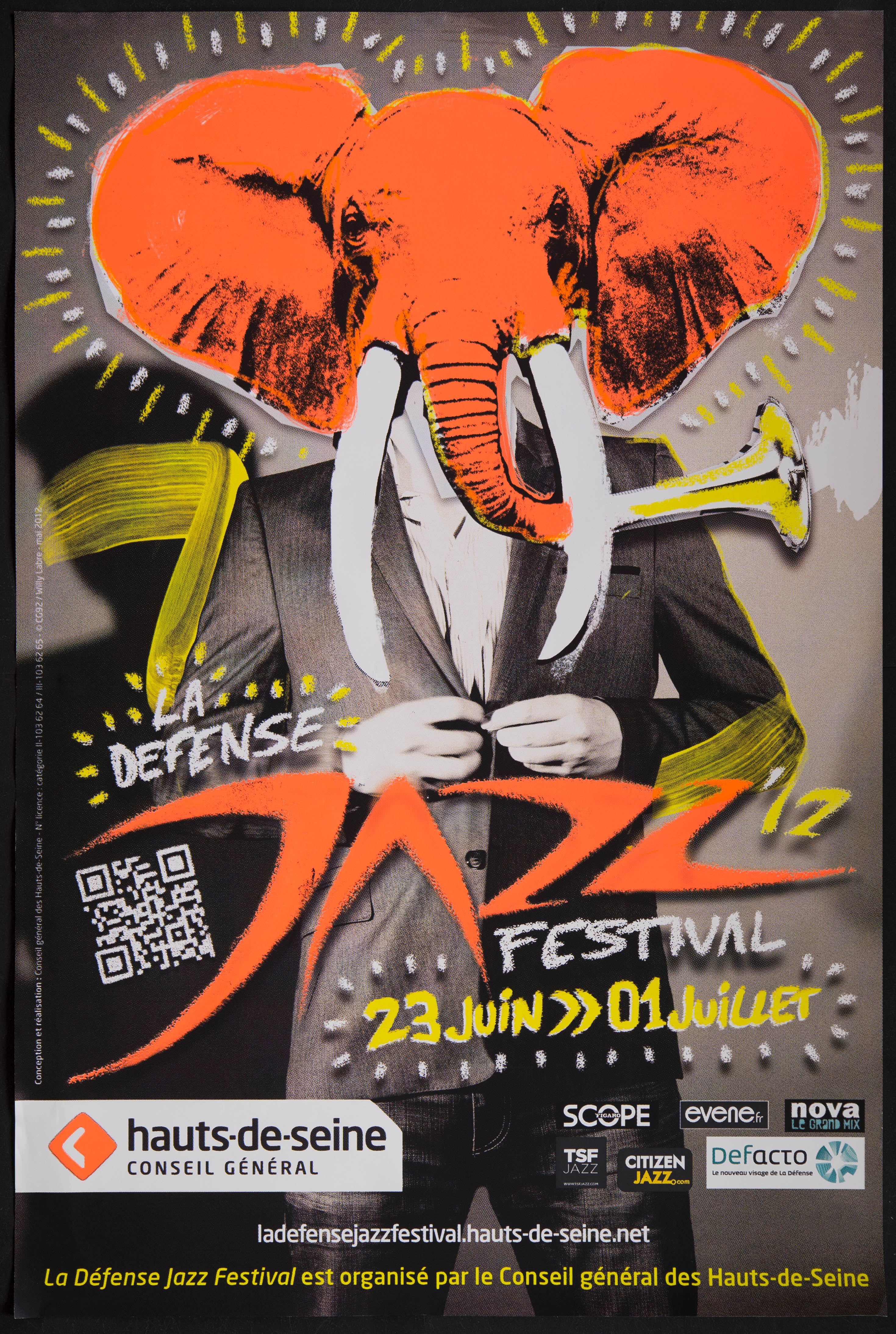 La Défense Jazz'12 festival. 23 juin-1er juillet... La Défense Jazz festival est organisé par le conseil général des Hauts-de-Seine /Willy Labre. - CG 92, 2012. - 1 affiche ill. coul., 120 x 80 cm.