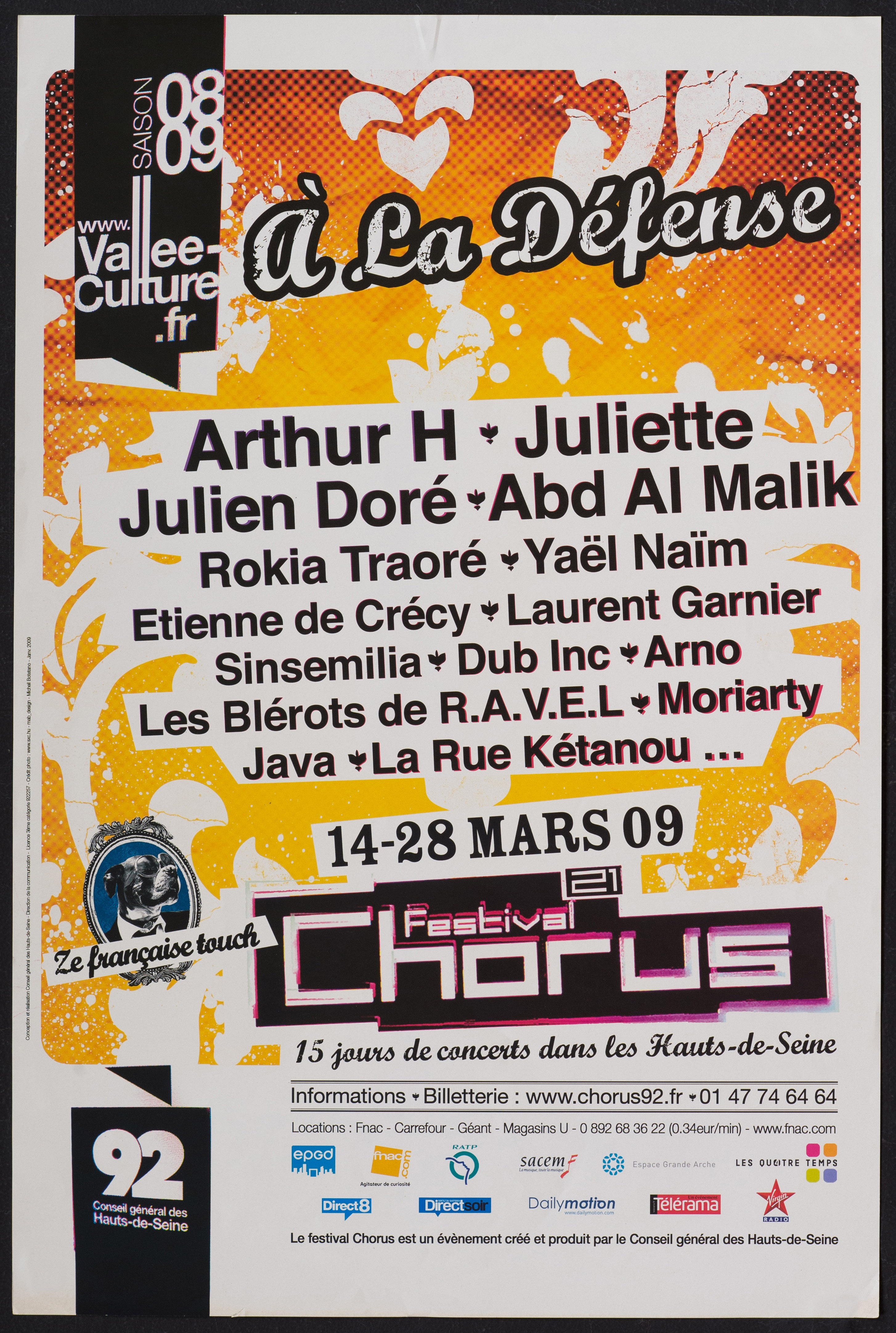 Vallée de la Culture. Saison 08-09. A la Défense [liste des artistes] Festival chorus 21e édition 14-28 mars 09 […]. - CG 92, 2009. - 1 affiche ill. coul., 60 x 40 cm.