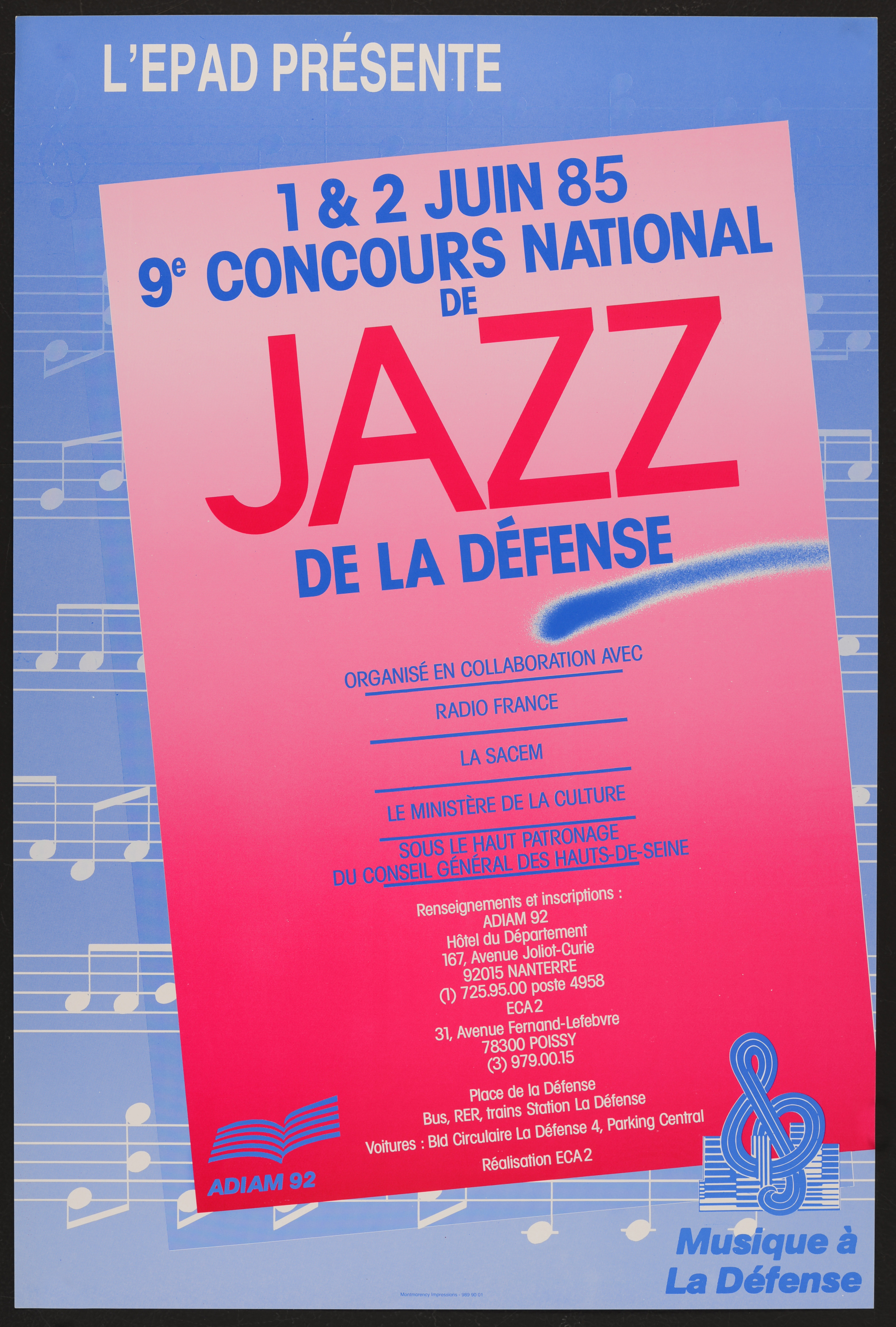 1 & 2 juin 1985. Concours national de Jazz de la Défense. - Affiche ill. coul. ; 60 x 40 cm.