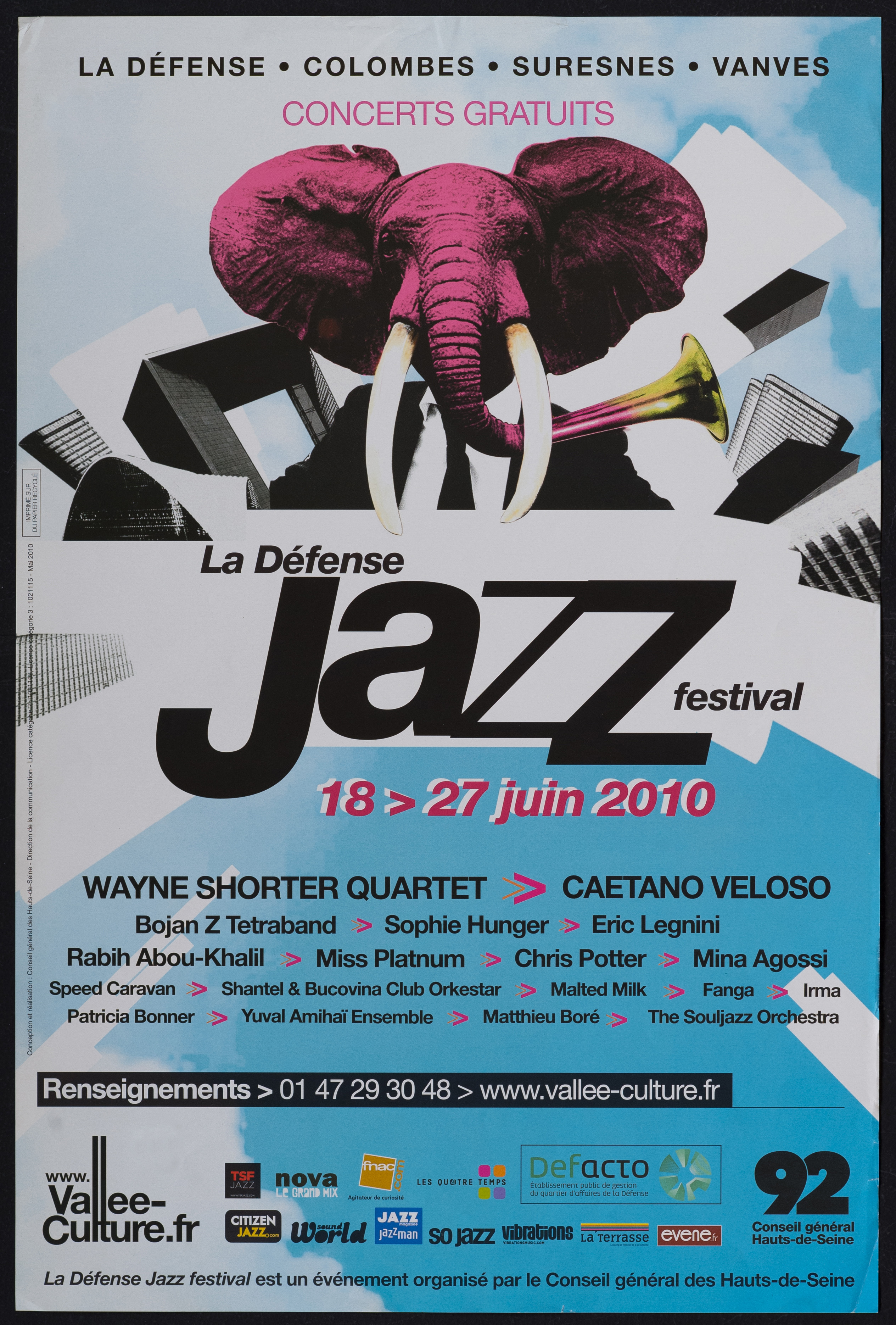 La Défense Jazz festival. 18 mai-17 juin 2010. La Défense Jazz festival est un événement organisé par le conseil général des Hauts-de-Seine. - CG 92, 2010. - 1 affiche ill. coul., 60 x 40 cm.