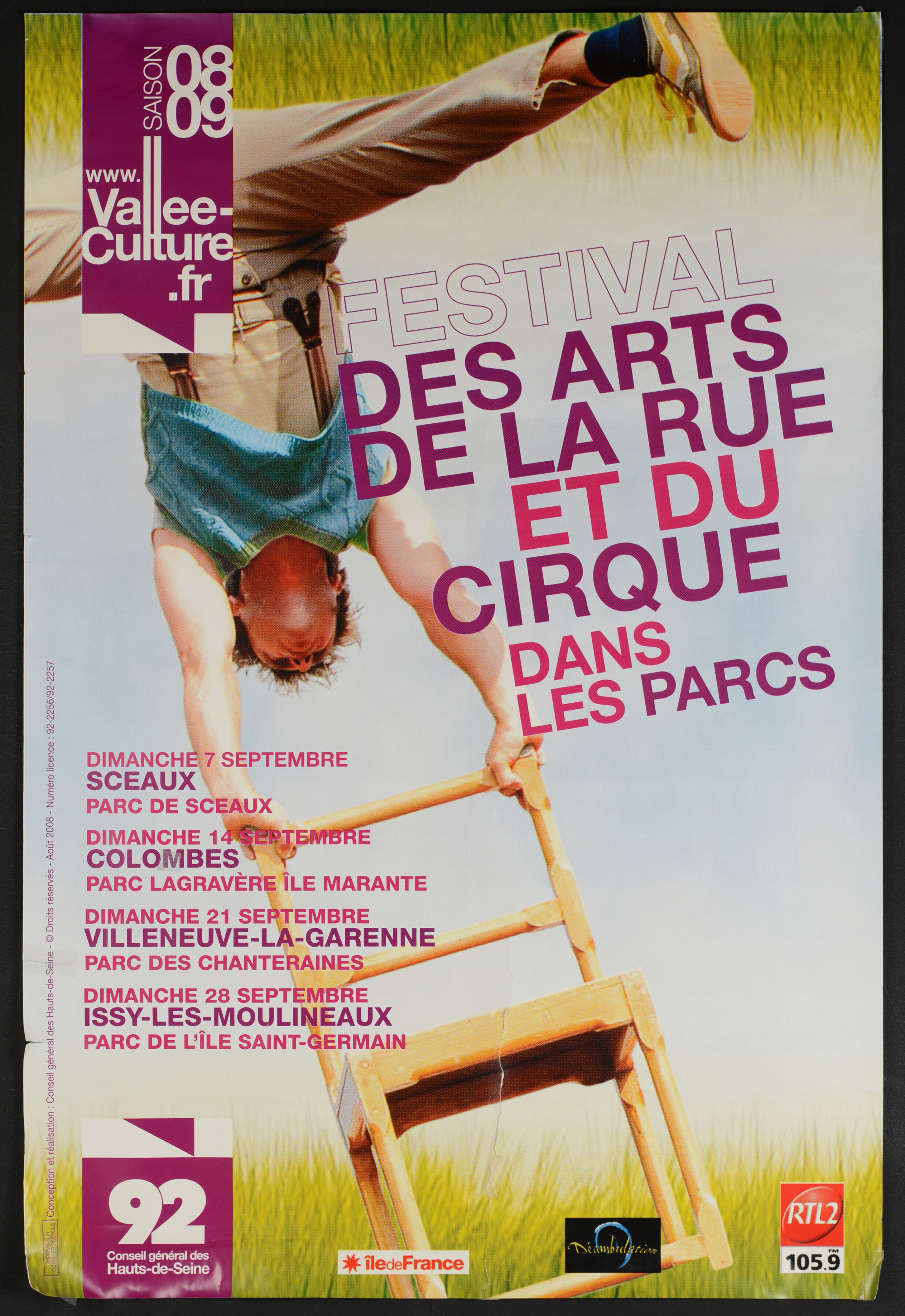 Vallée Culture saison 08-09. Festival des arts de la rue et du cirque dans les parcs. 6-28 septembre. - CG 92, 2008. - 1 affiche ill. coul., 80 x 120 cm.