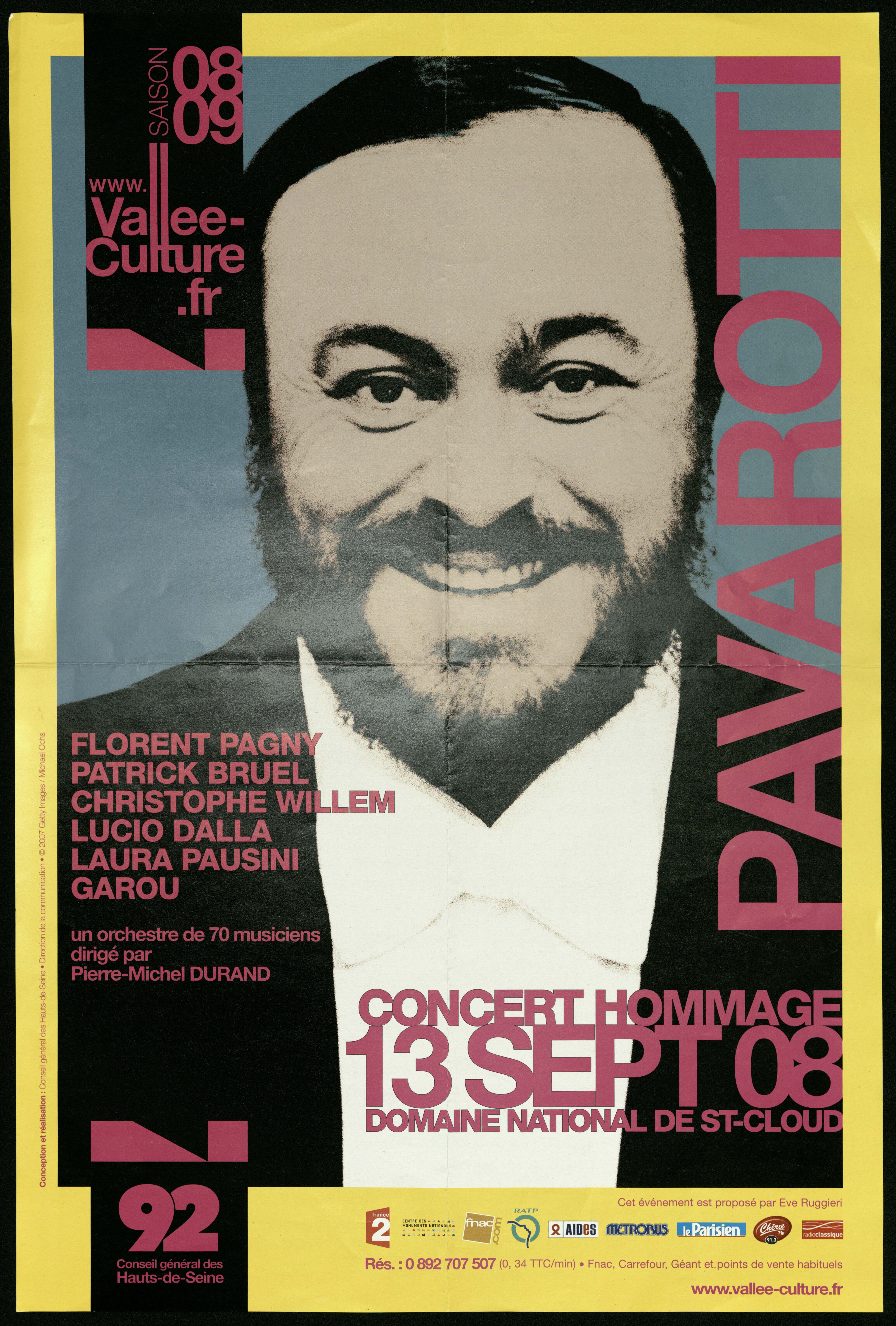 Vallée Culture 08-09. Concert hommage à Pavarotti  13 septembre 2008. Domaine national de Saint-Cloud. Florent Pagny, Patrick Bruel… /Mickael Ochs. - CG 92, 2008. - 1 affiche ill.coul., 60 x 40 cm.