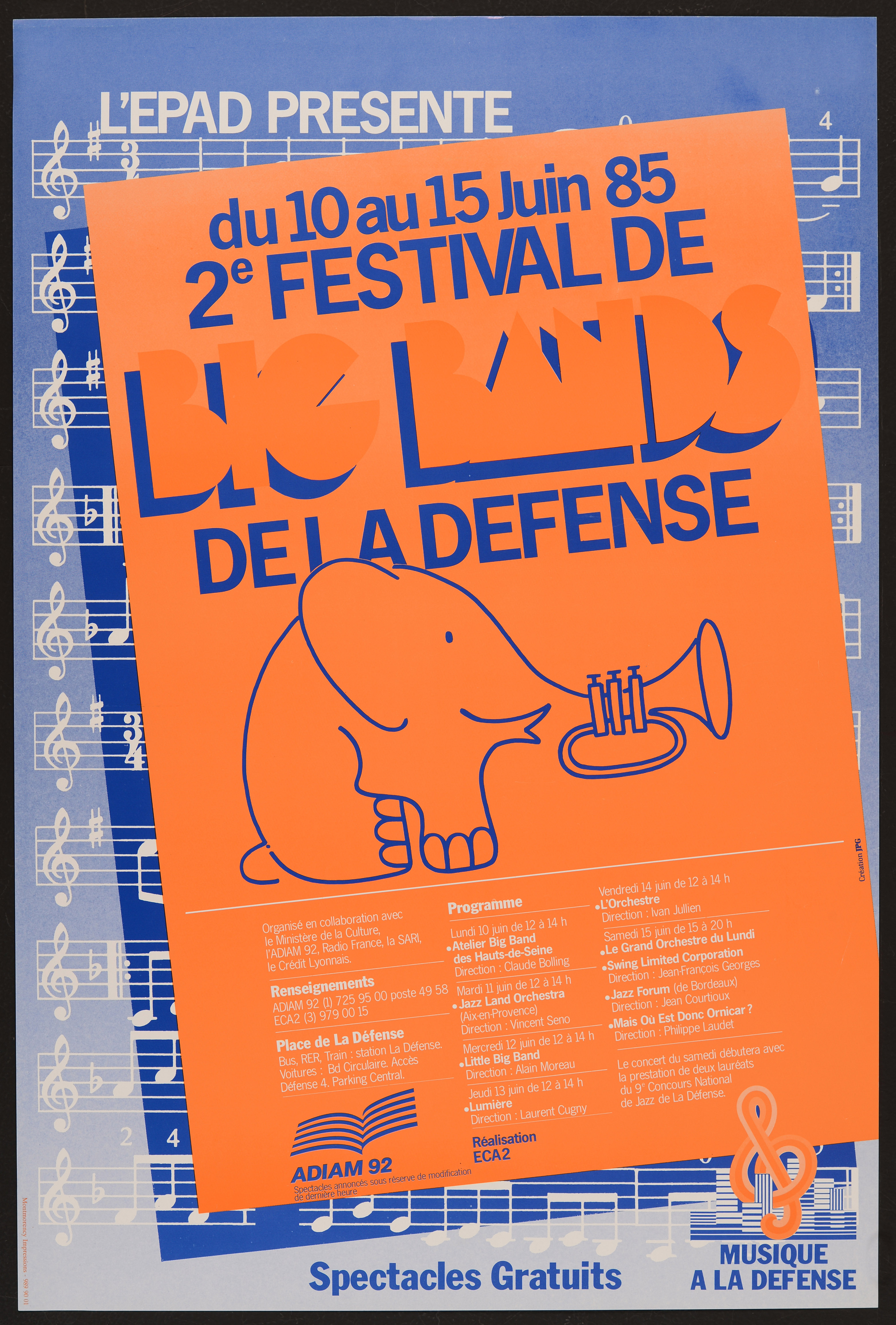 Du 10 au 15 juin 1985. 2ème Festival de Big Band de la Défense. - Affiche ill. coul. ; 60 x 40 cm.