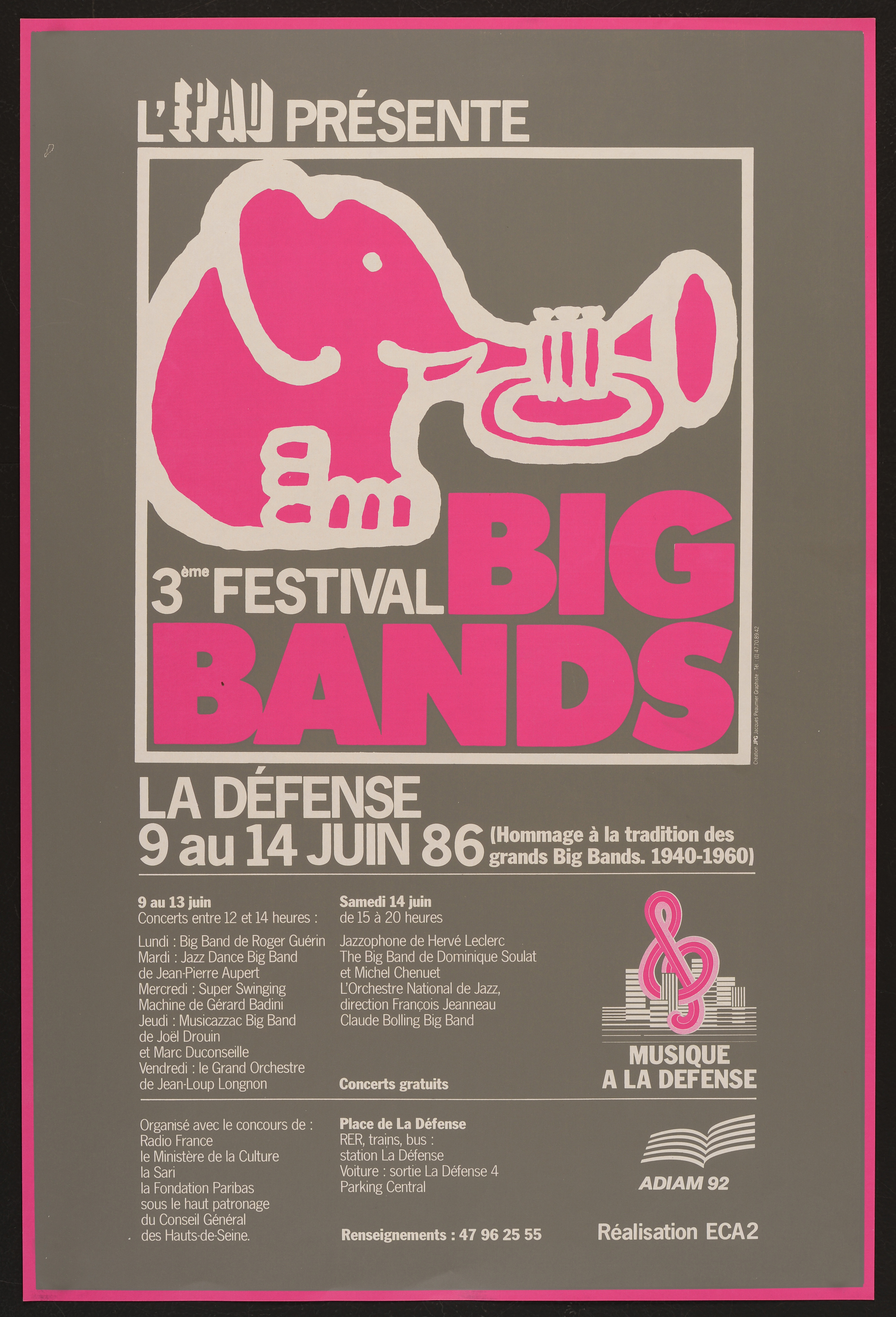 3ème Festival de Big Bands à la Défense. 9 au 14 juin 1986. - Affiche ill. coul. ; 60 x 40 cm.