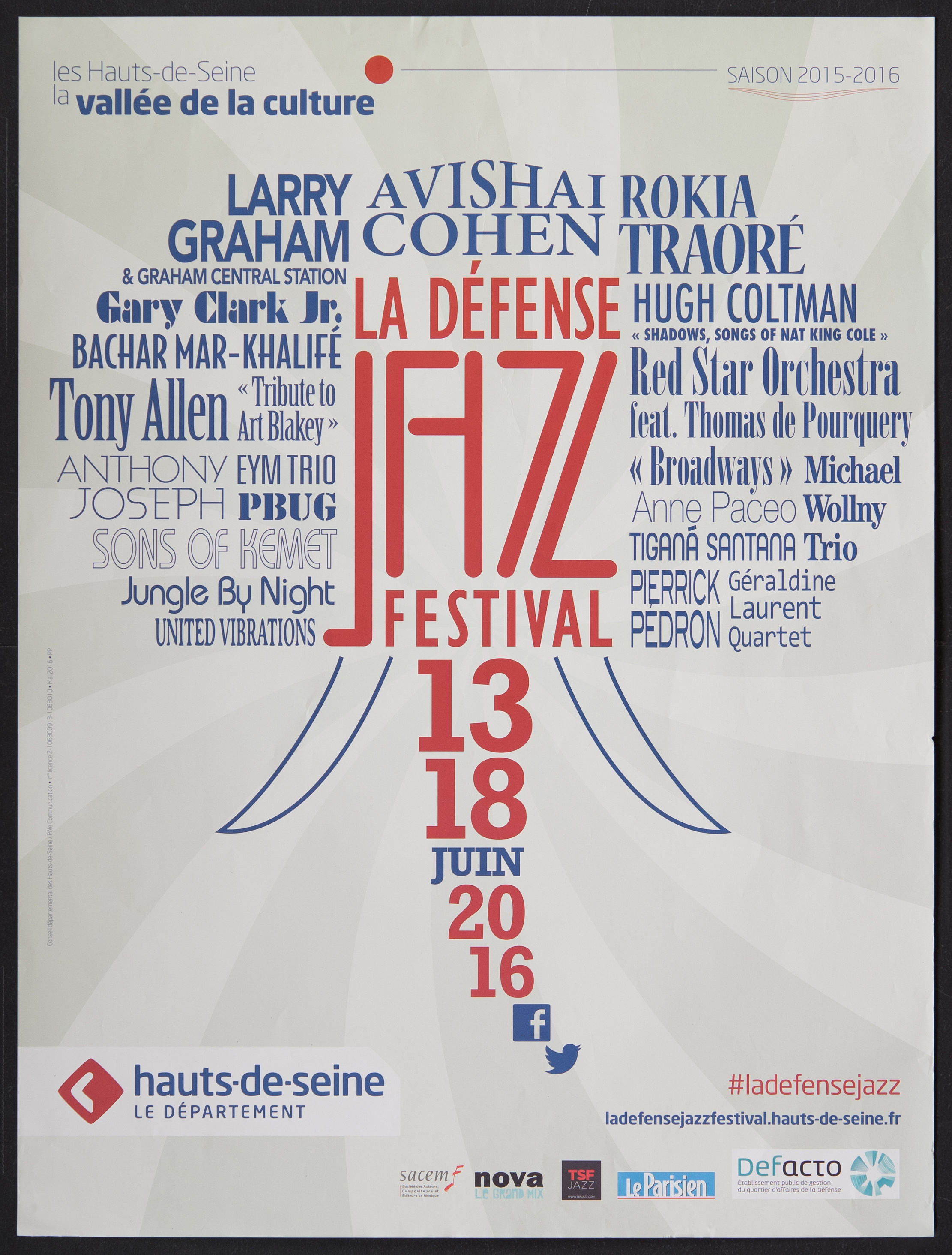 Les Hauts-de-Seine La vallée de la culture saison 2015-2016. la Défense jazz festival 13-18 juin 2016. - Conseil Départemental des Hauts-de-Seine, 2016. - 1 affiche ill. coul., 79,5 x 60 cm.