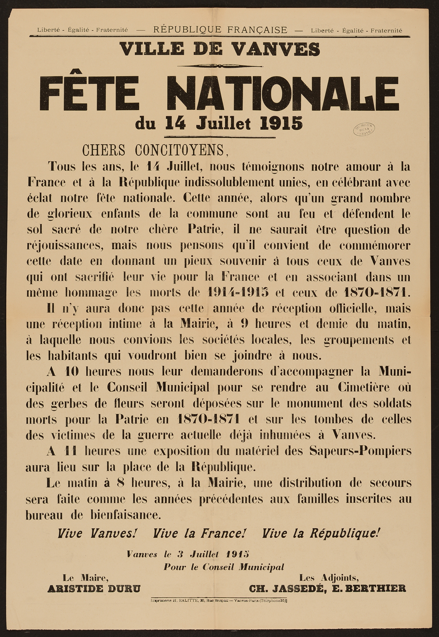 affiche : Fête nationale du 14 juillet 1915