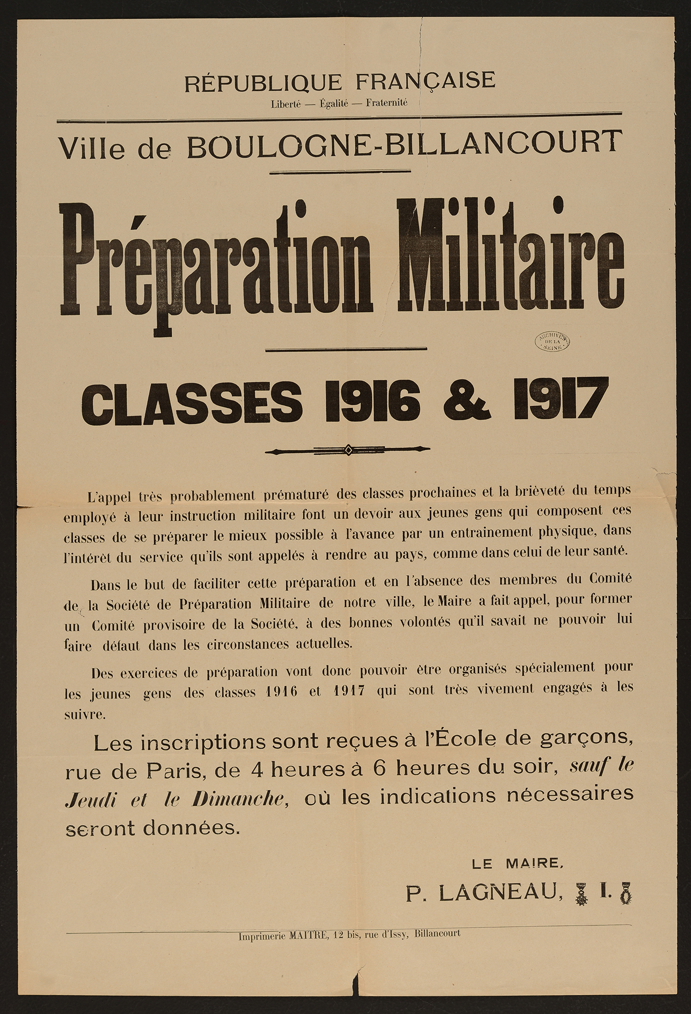 affiche : Fomation des classes de 1916 et 1917.