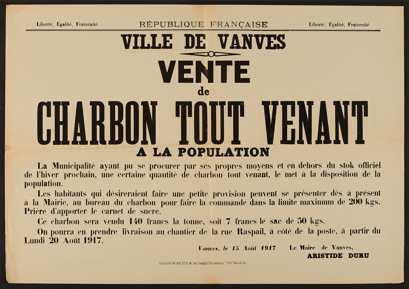 affiche Vente de charbon tout venant la population