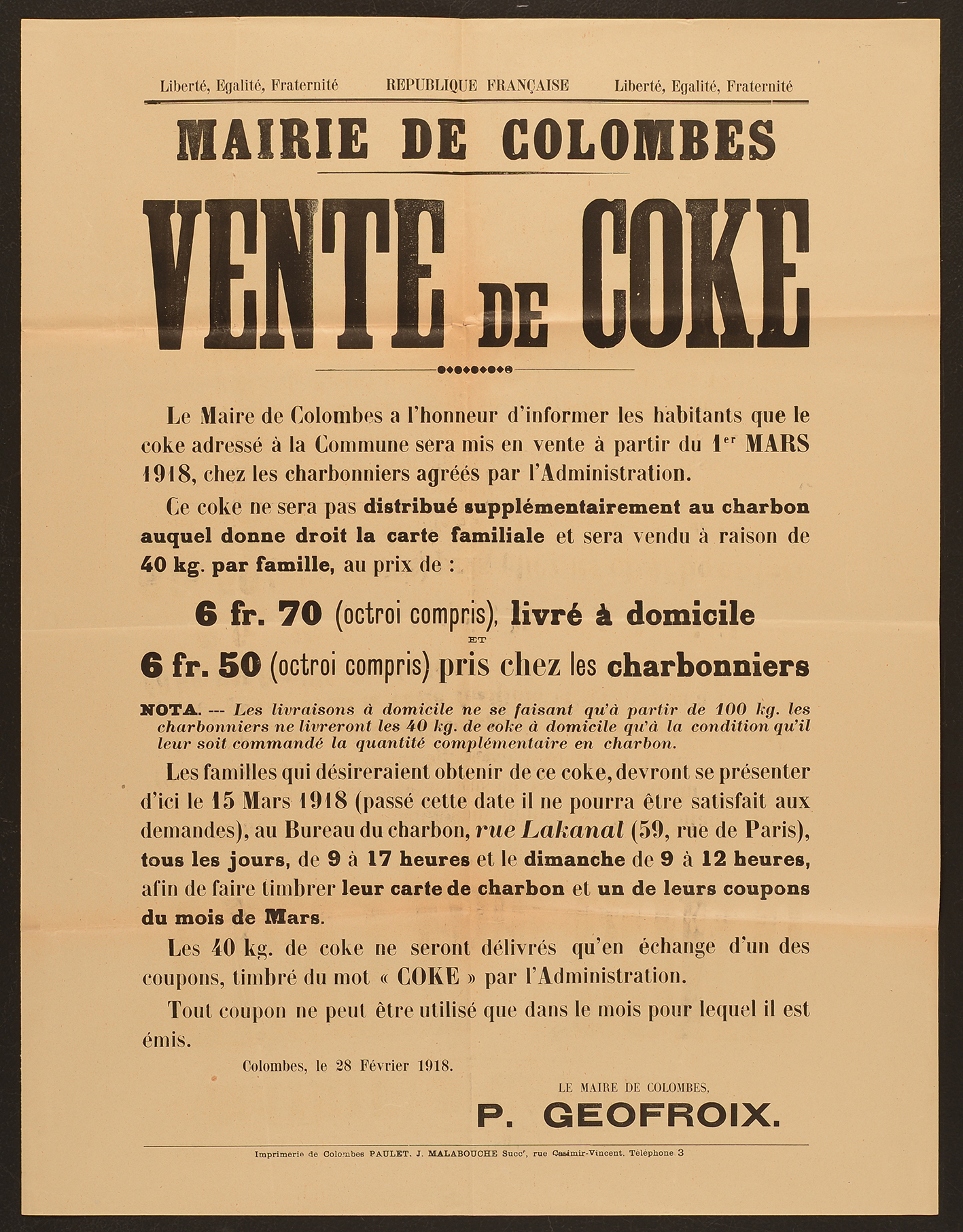 affiche : Vente de coke : prix et dates