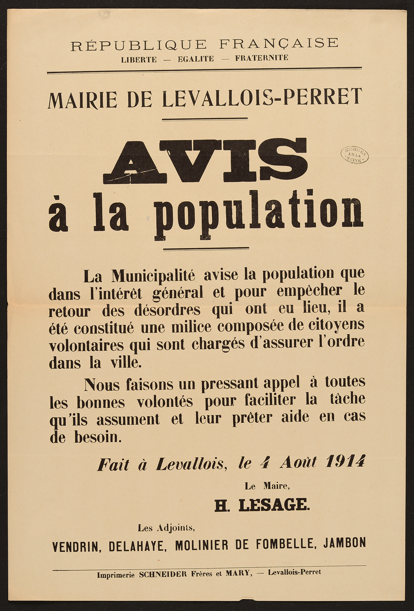 affiche : Avis composition d'une milice