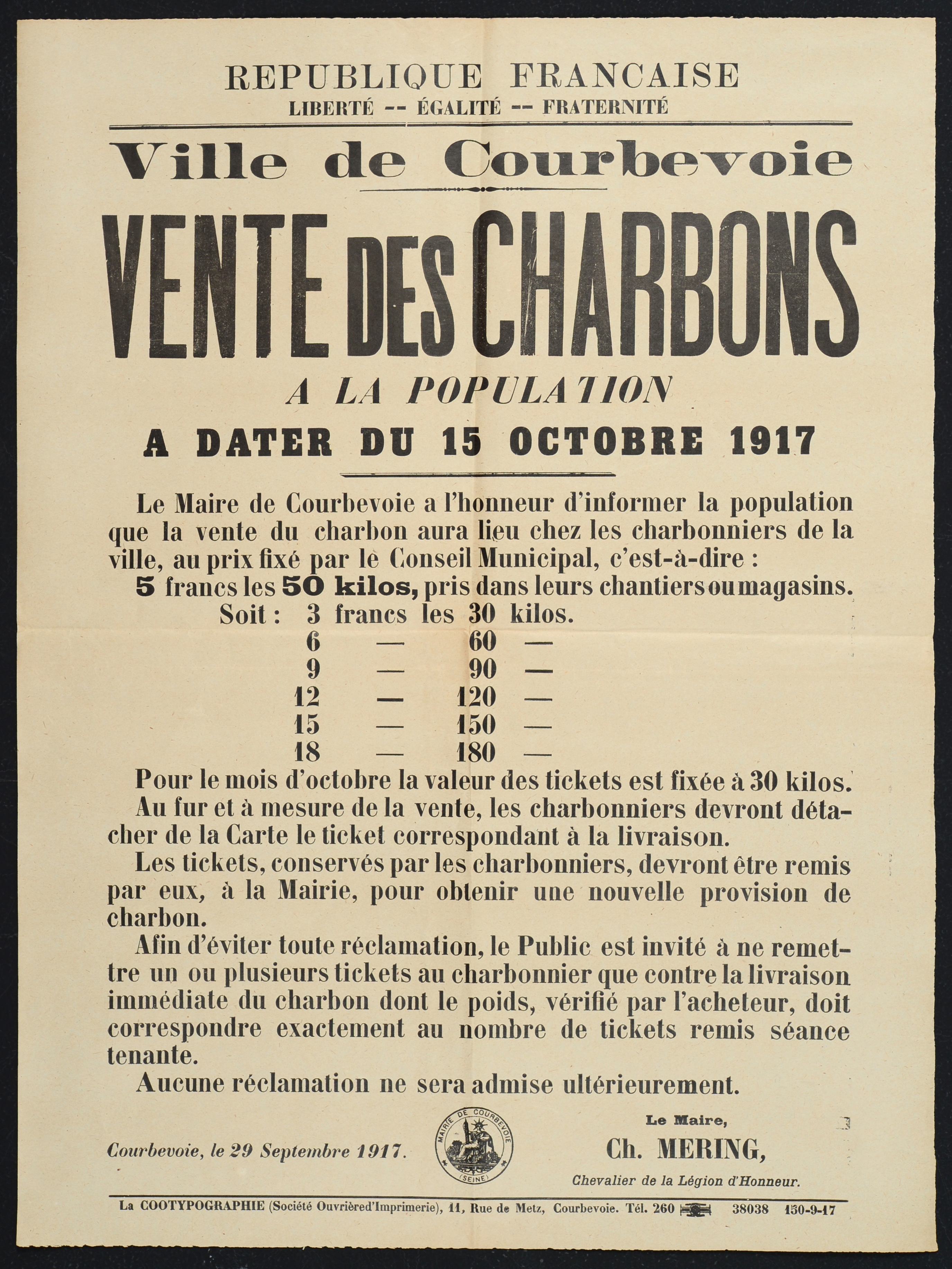 affiche : Vente des charbons à la population à dater du 15 octobre 1917