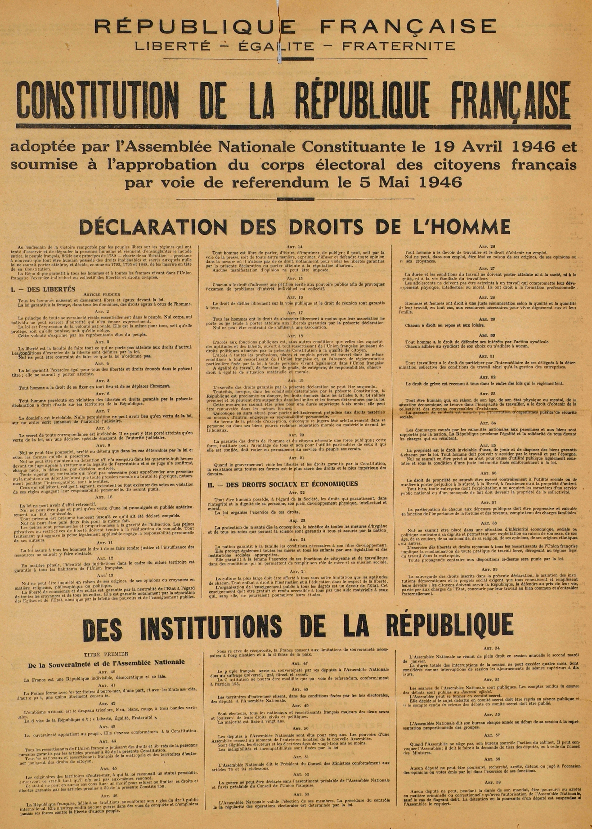 AFFICHE. CONSTITUTION DE LA REPUBLIQUE FRANCAISE.