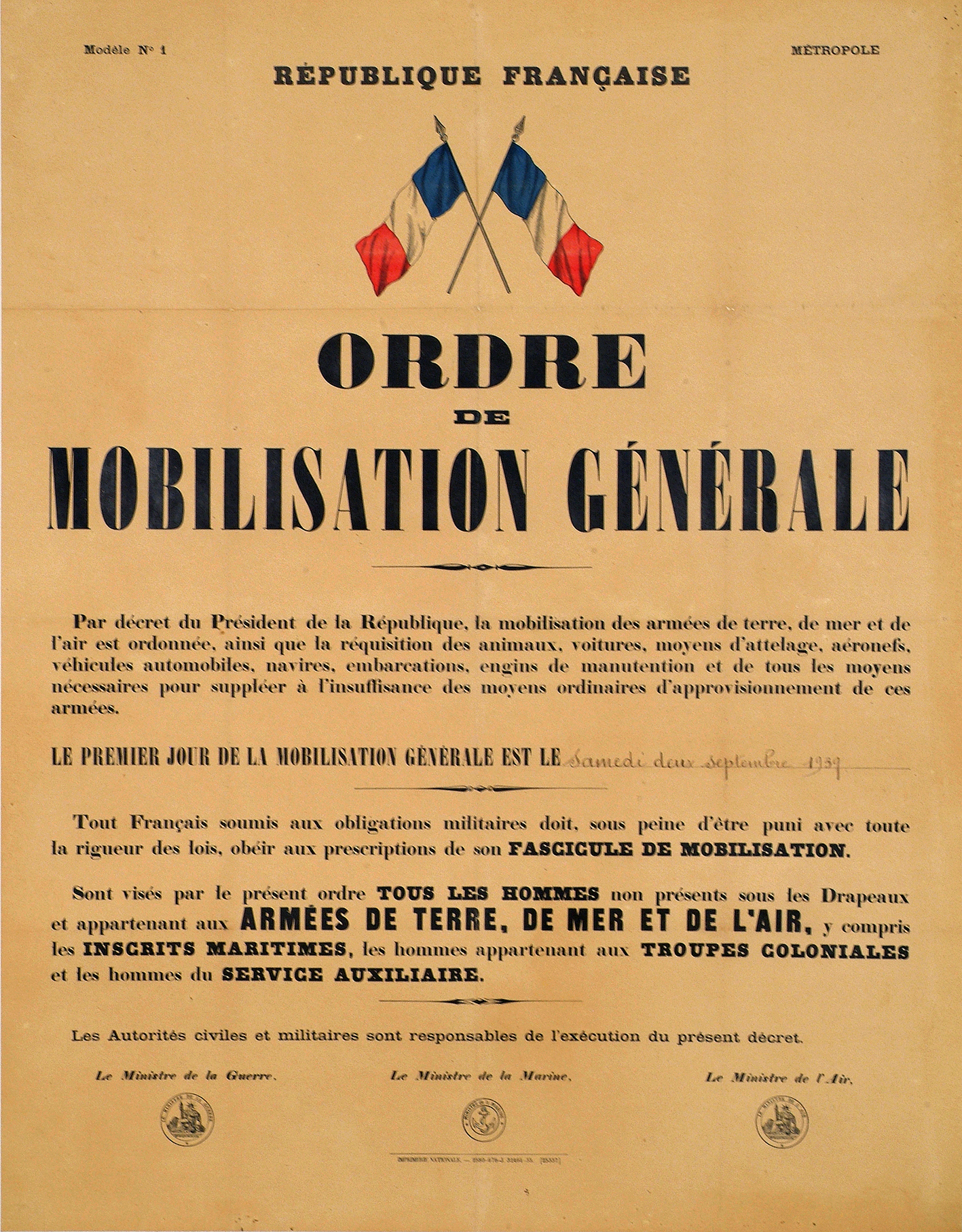 Résultat de recherche d'images pour "ordre de mobilisation générale 1939"