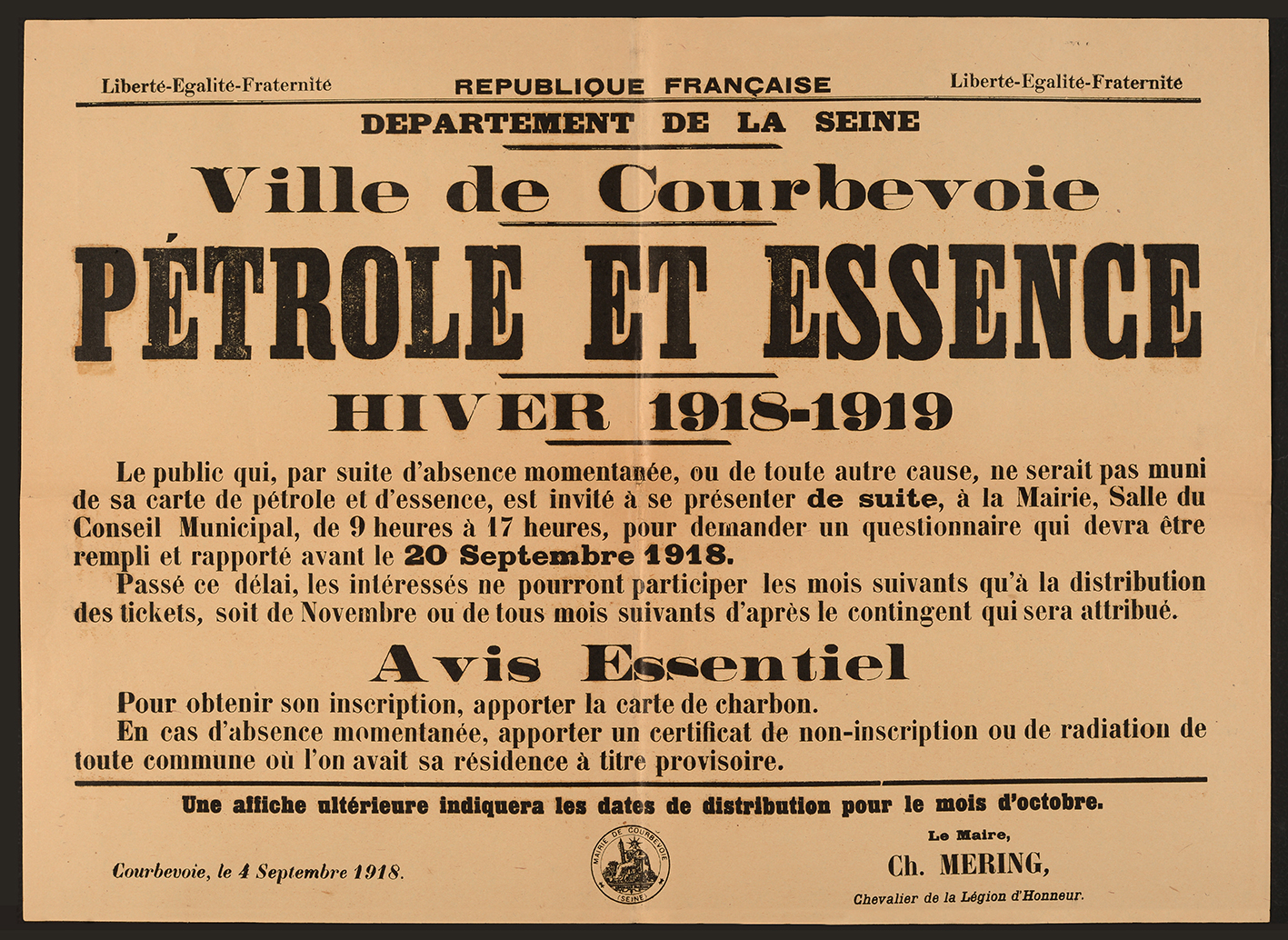 affiche : Pétrole et essence pour l'hiver 1918-1919