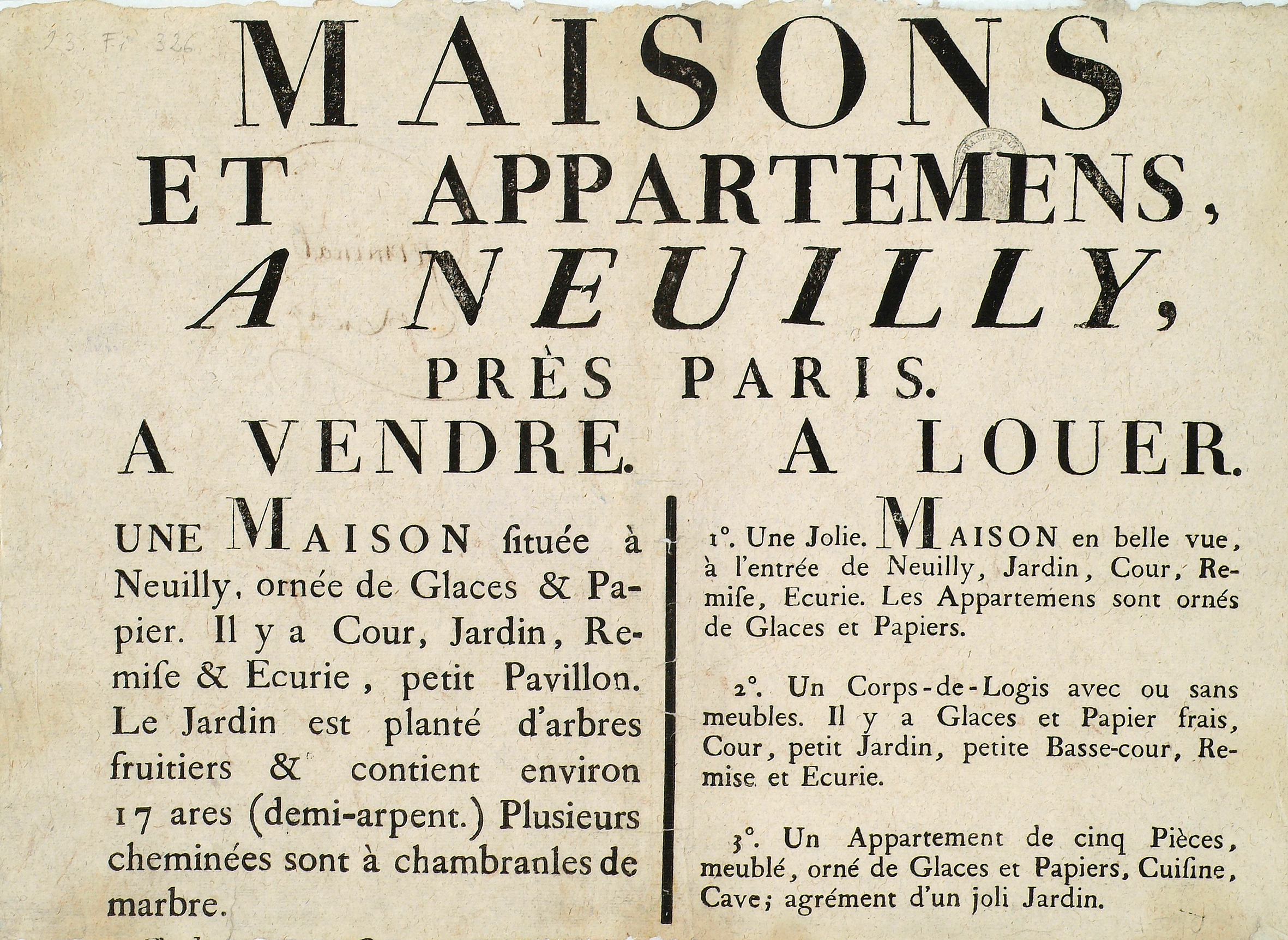 AFFICHE. IMMOBILIER. BIENS NATIONAUX. NEUILLY.
