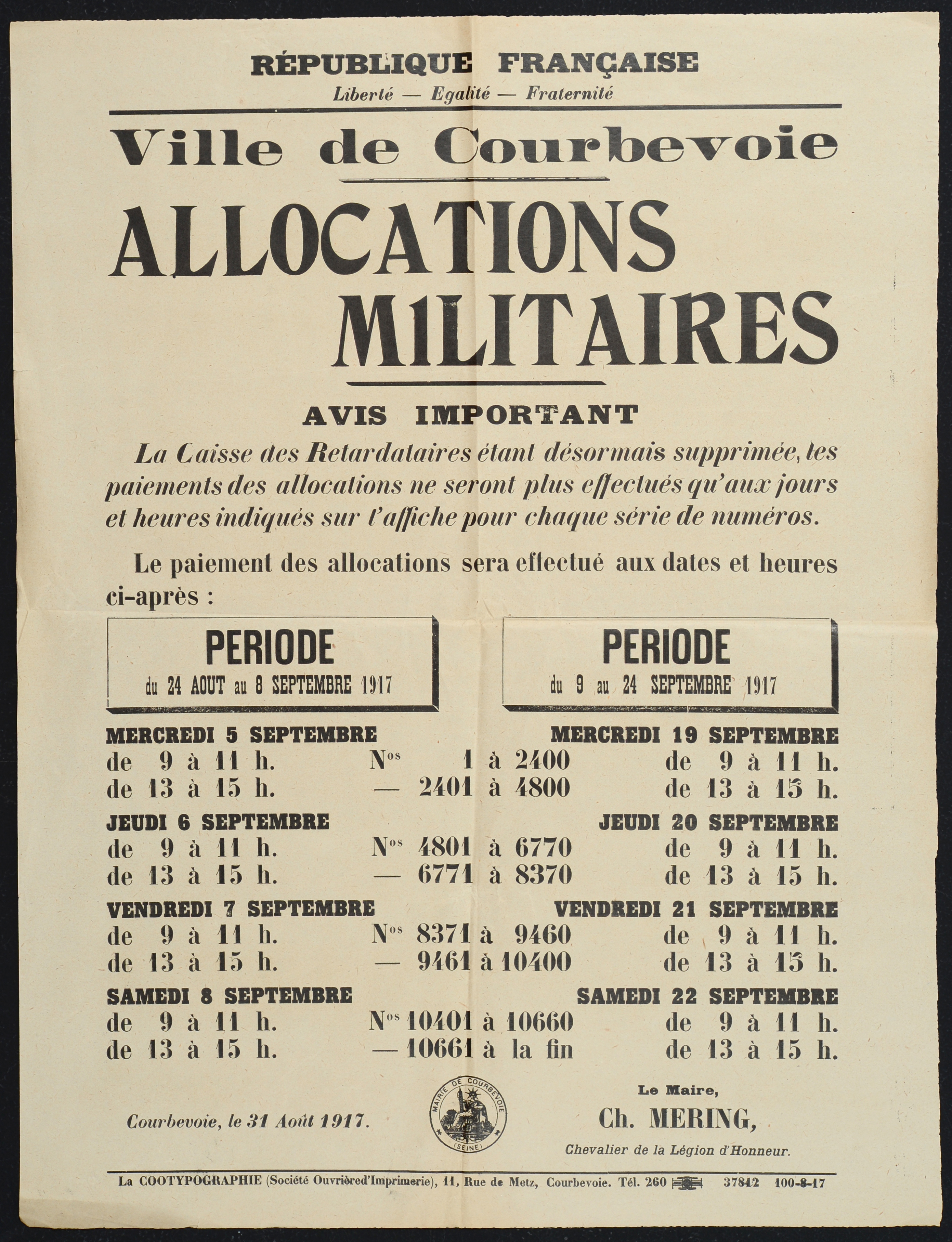 affiche : Allocations militaires période 24 août à 24 septembre 1917