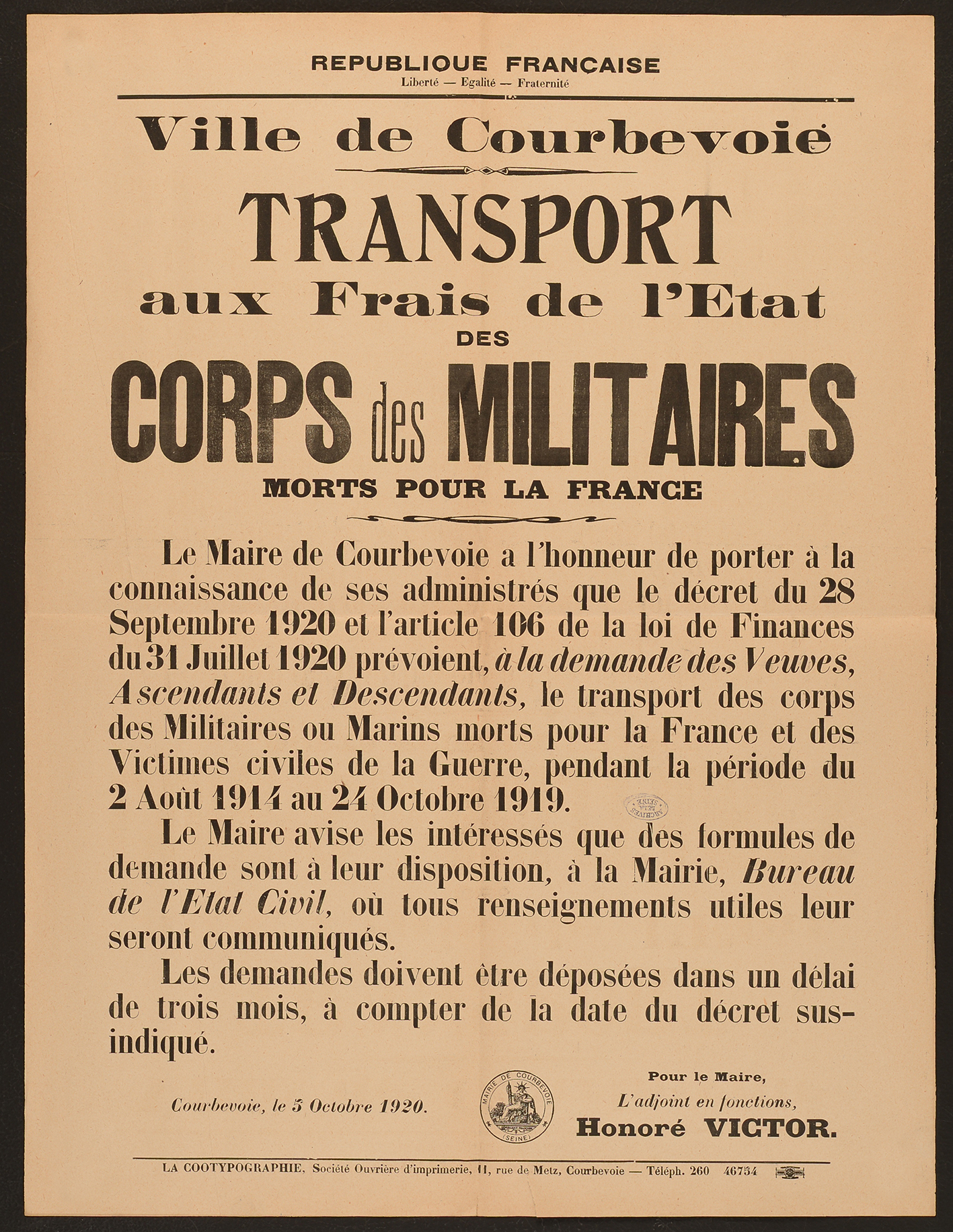 affiche : Transport au frais de l'Etat des corps des militaires mort pour la France
