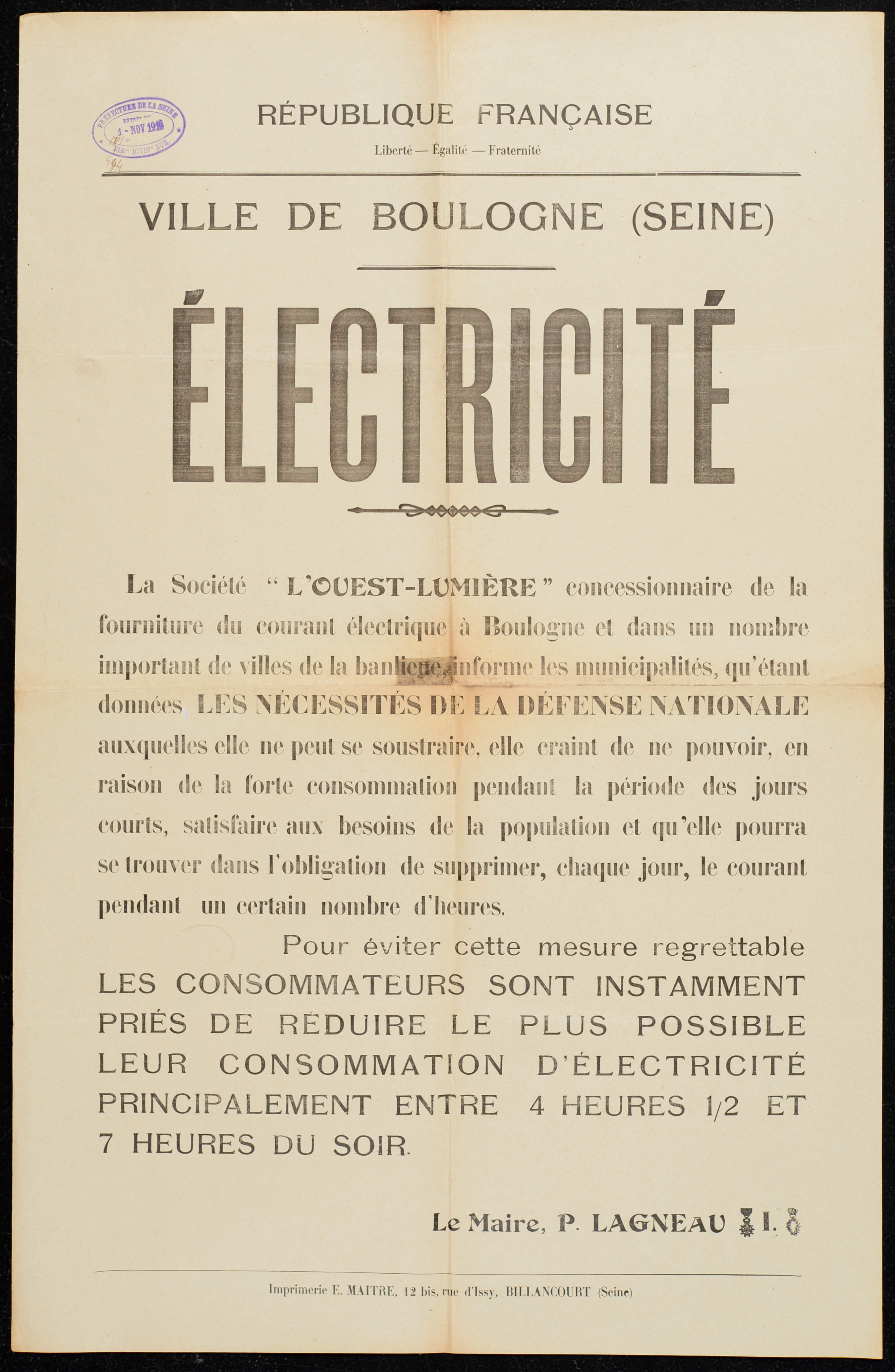 affiche : Electricité : pour les nécessités de la Défense nationale demande de réduire la consommation d'électricité