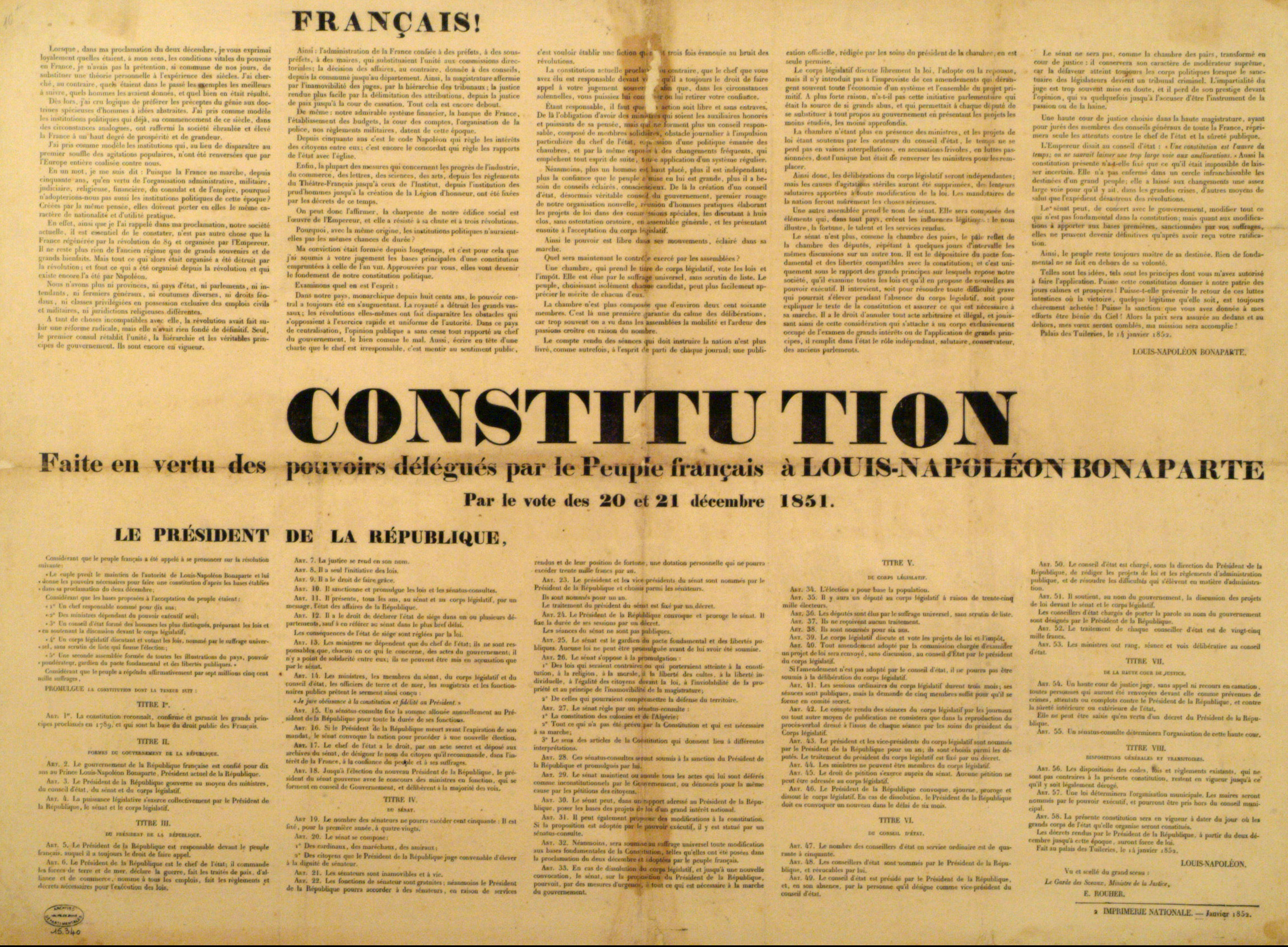 AFFICHE POLITIQUE. CONSTITUTION 1852.