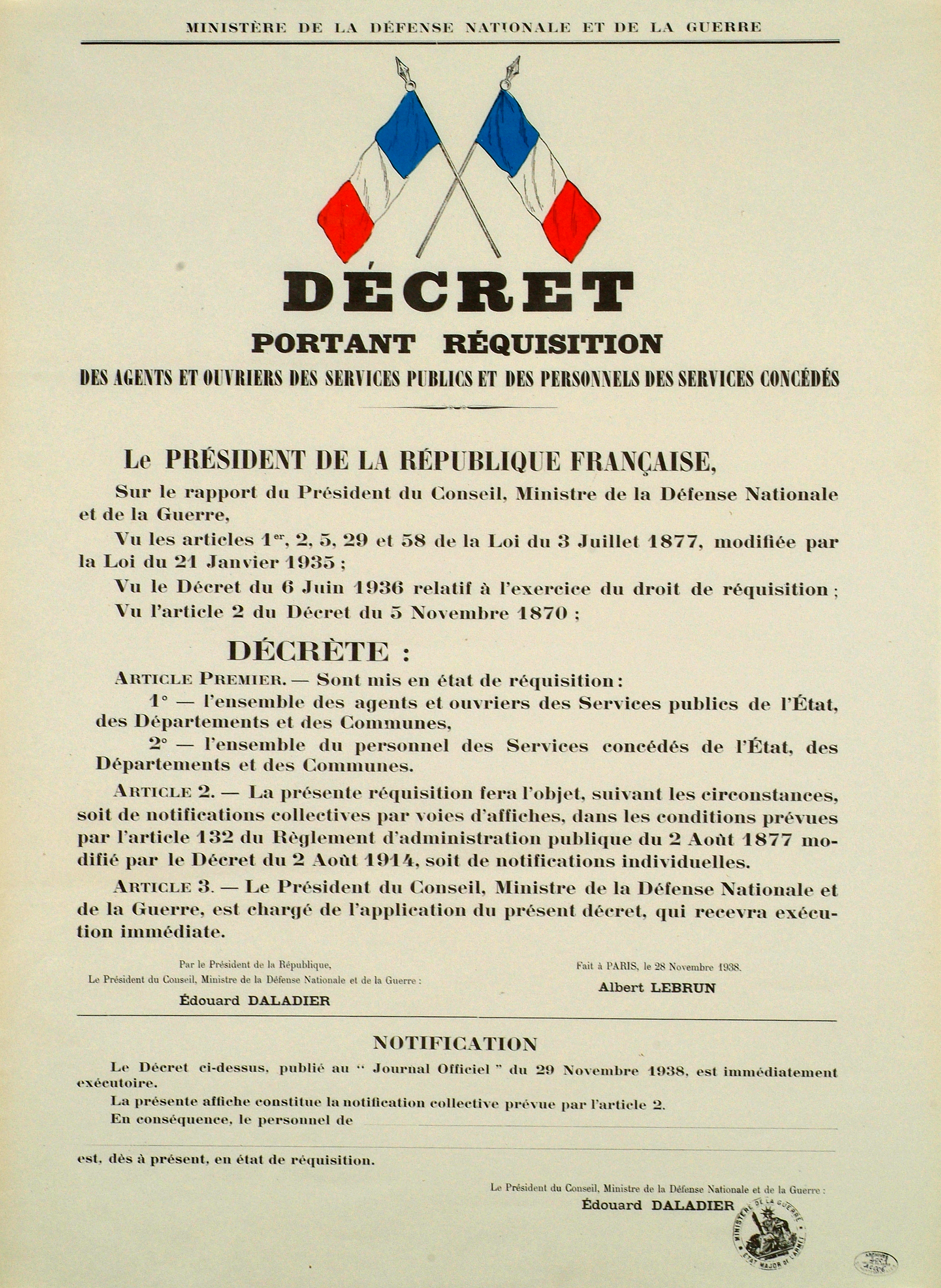 AFFICHE REQUISITION 1938
