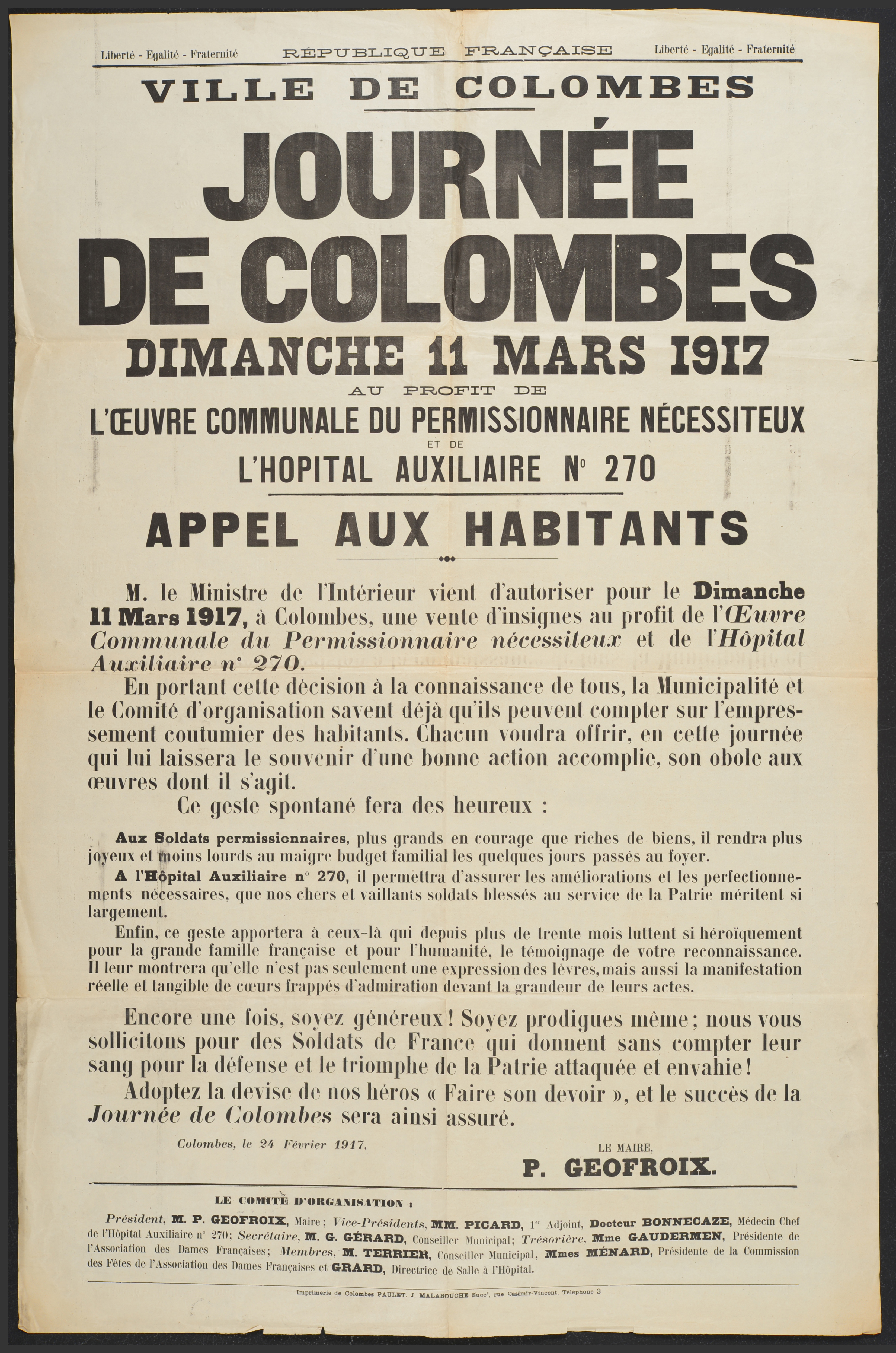 affiche : Journée de Colombes dimanche 11 mars 1917 au profit de l'œuvre communale du Permissionnaire nécessiteux et de l'hôpital auxiliaire n°270. Appel aux habitants