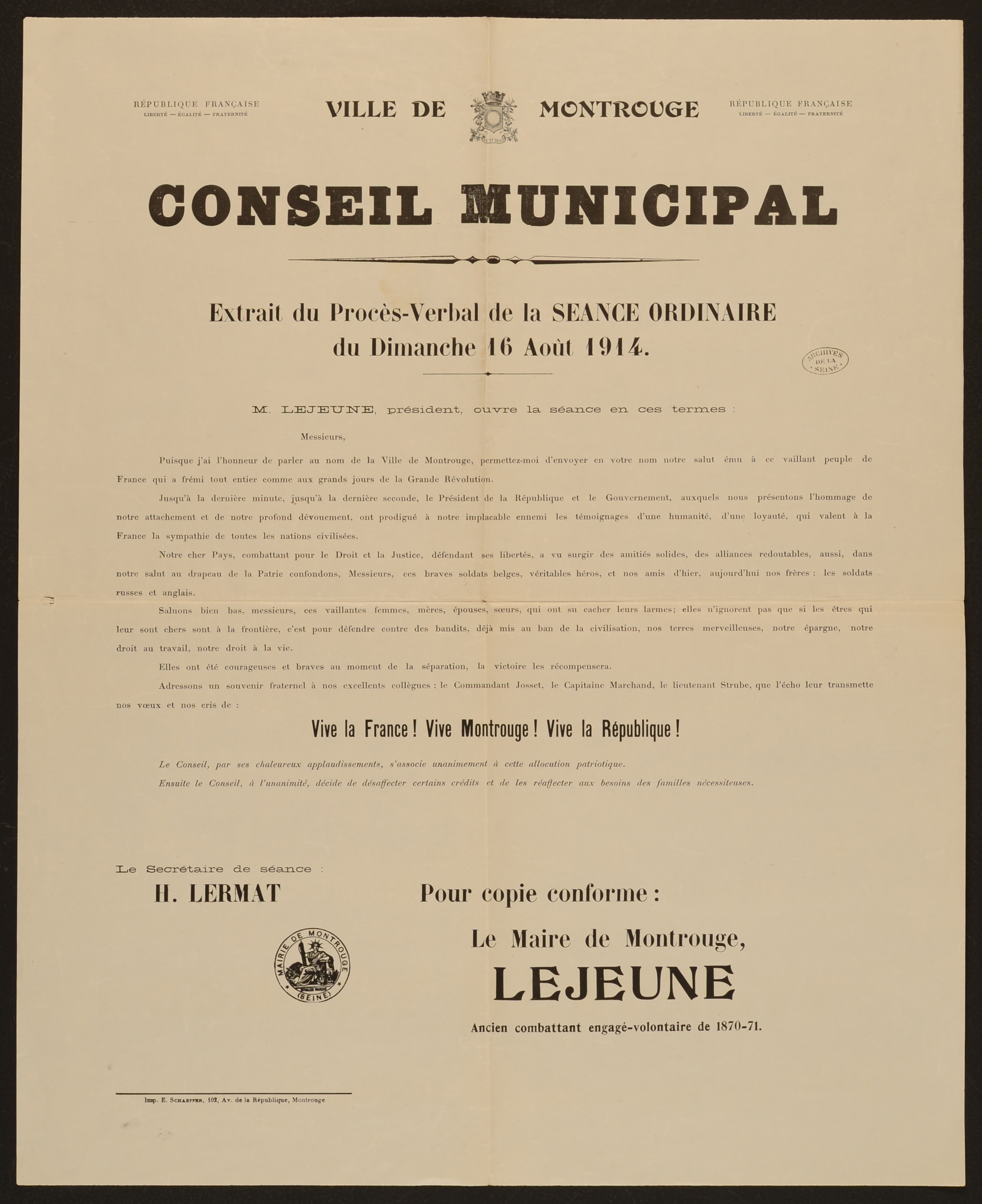 affiche : Extrait procés-verbal conseil municipal du 16 août 1914