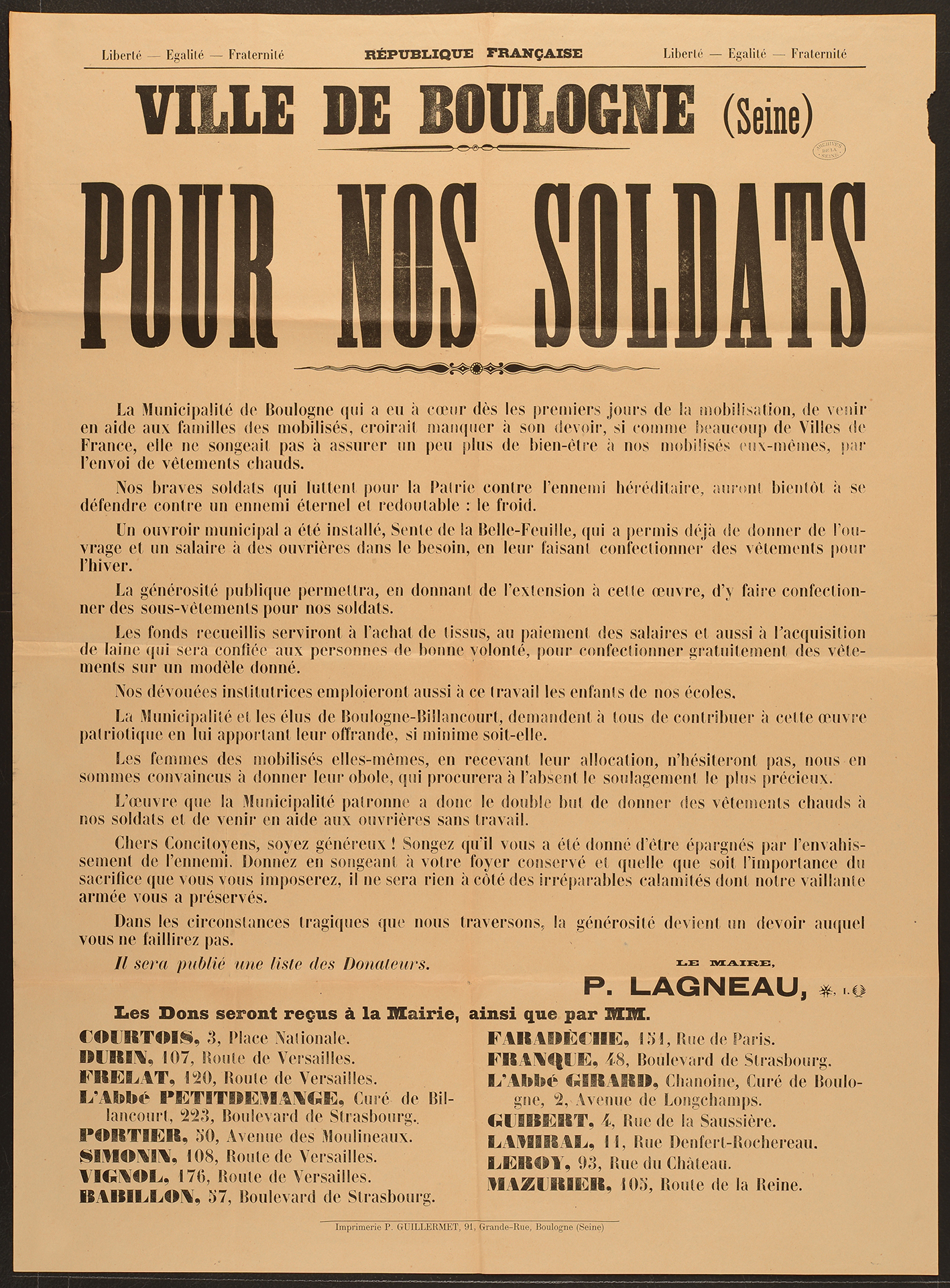 affiche : Actions menées en faveur des soldats pour les protéger du froid (achat de tissu, confection de chemises…).
