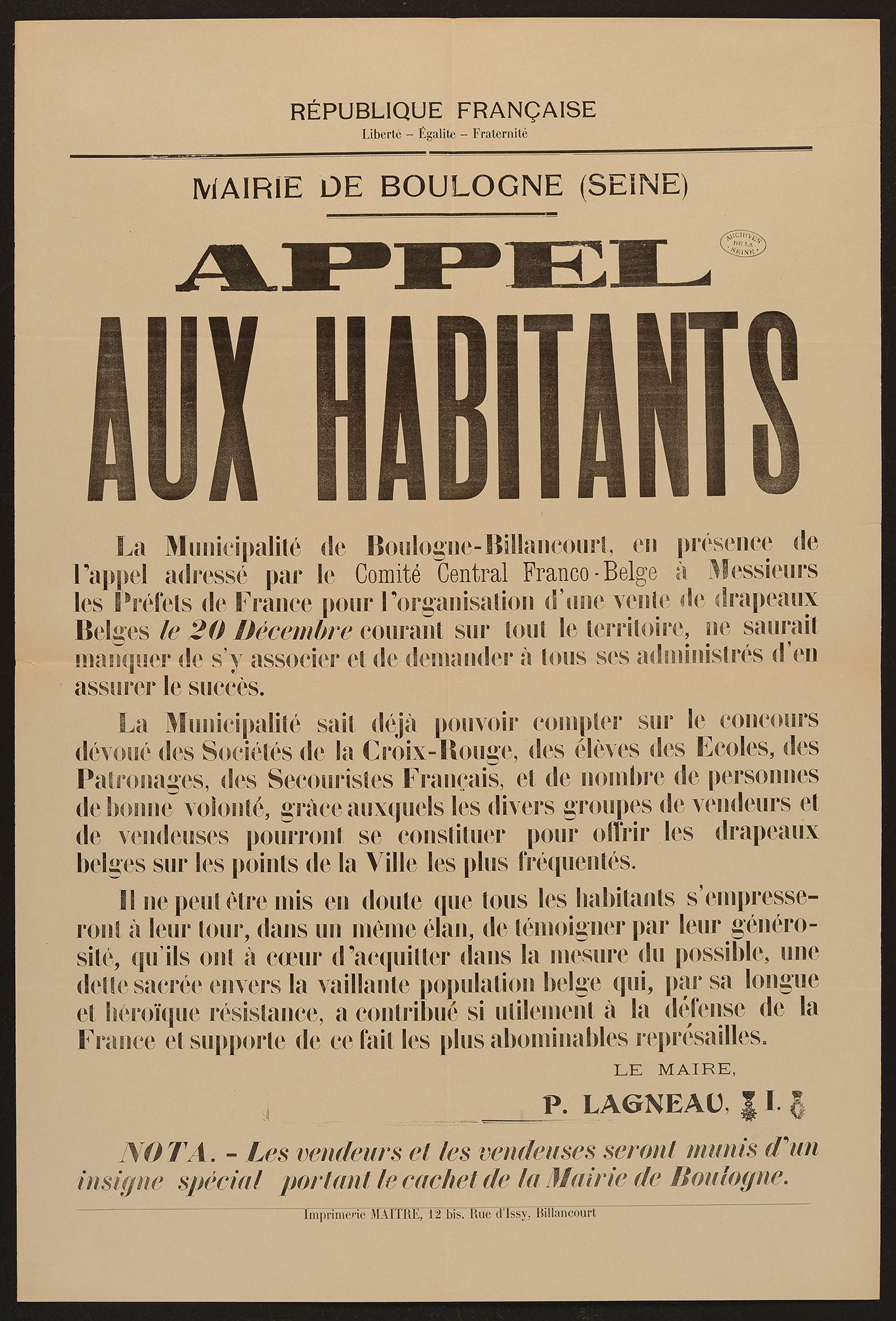 affiche : Appel aux habitants pour l'organisation d'une vente de drapeaux belges le 20 décembre 1914.