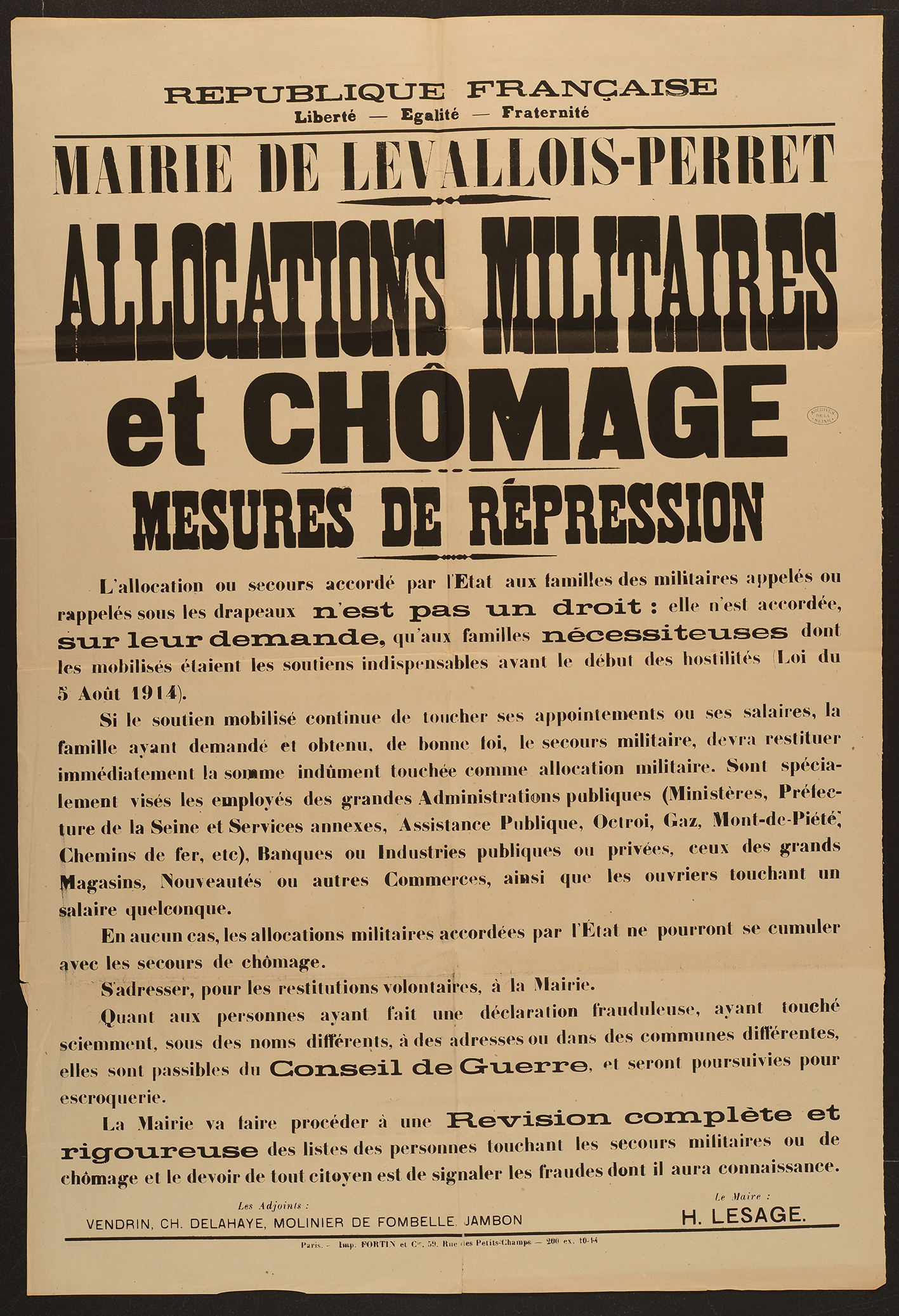 affiche : Allocations militaires et chômage : mesures de répression