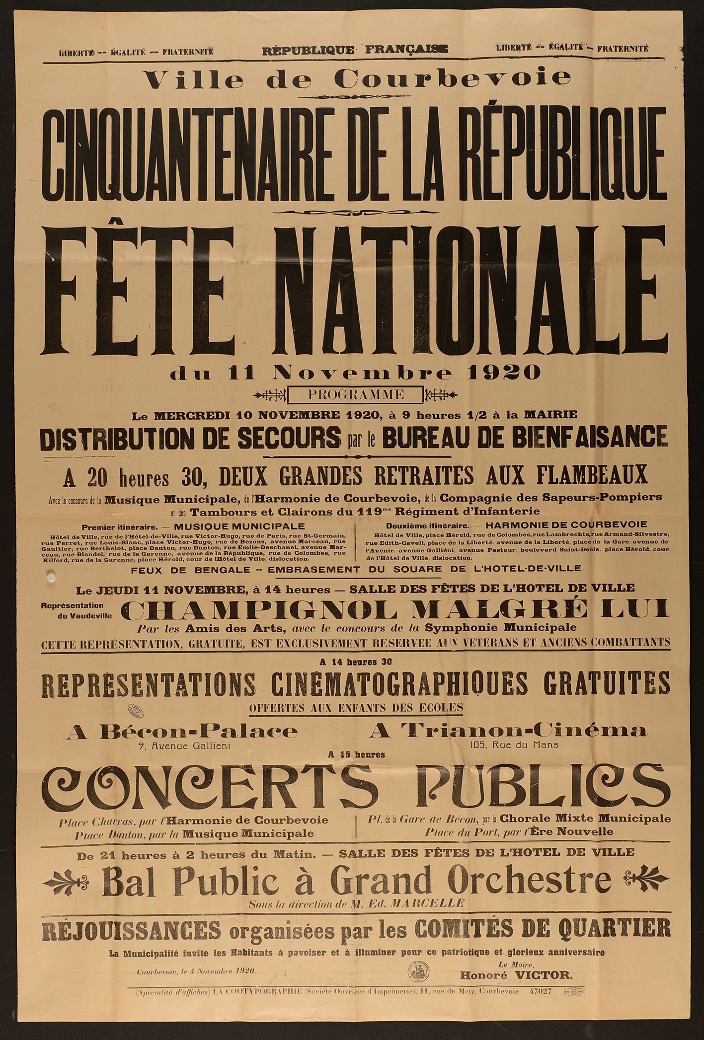 affiche : Cinquantenaire de la République fête nationale du 11 novembre 1920