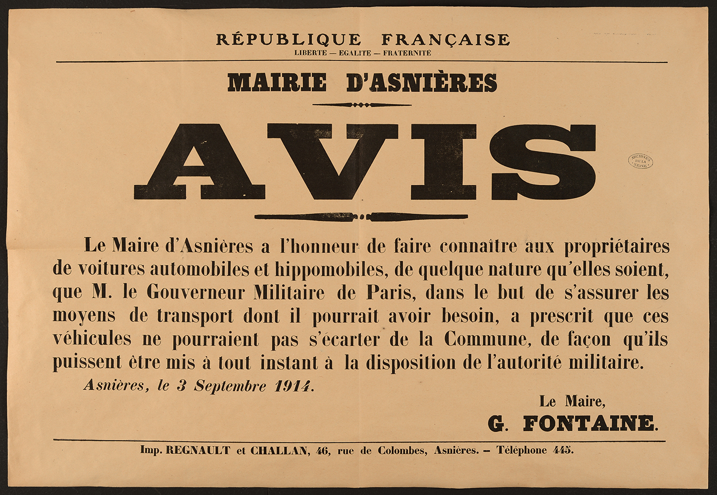 affiche : Avis pour connaître les propriétaires de voitures automobiles et hyppomobiles pour être mise, le cas échéant, à disposition de l'autorité militaire.