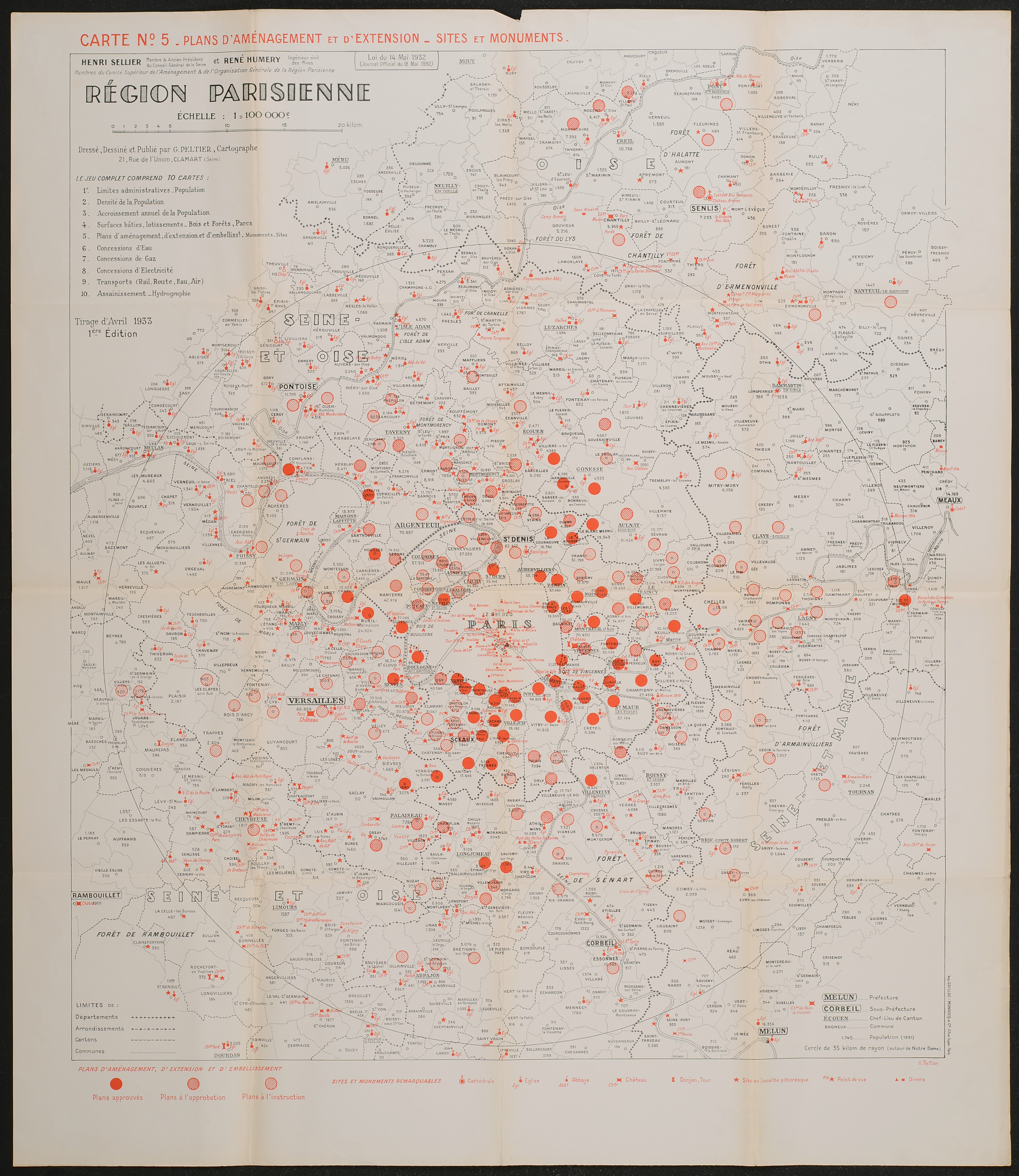 Région parisienne : carte n° 5, Plans d'aménagement et d'extension - sites et monuments. 1933.