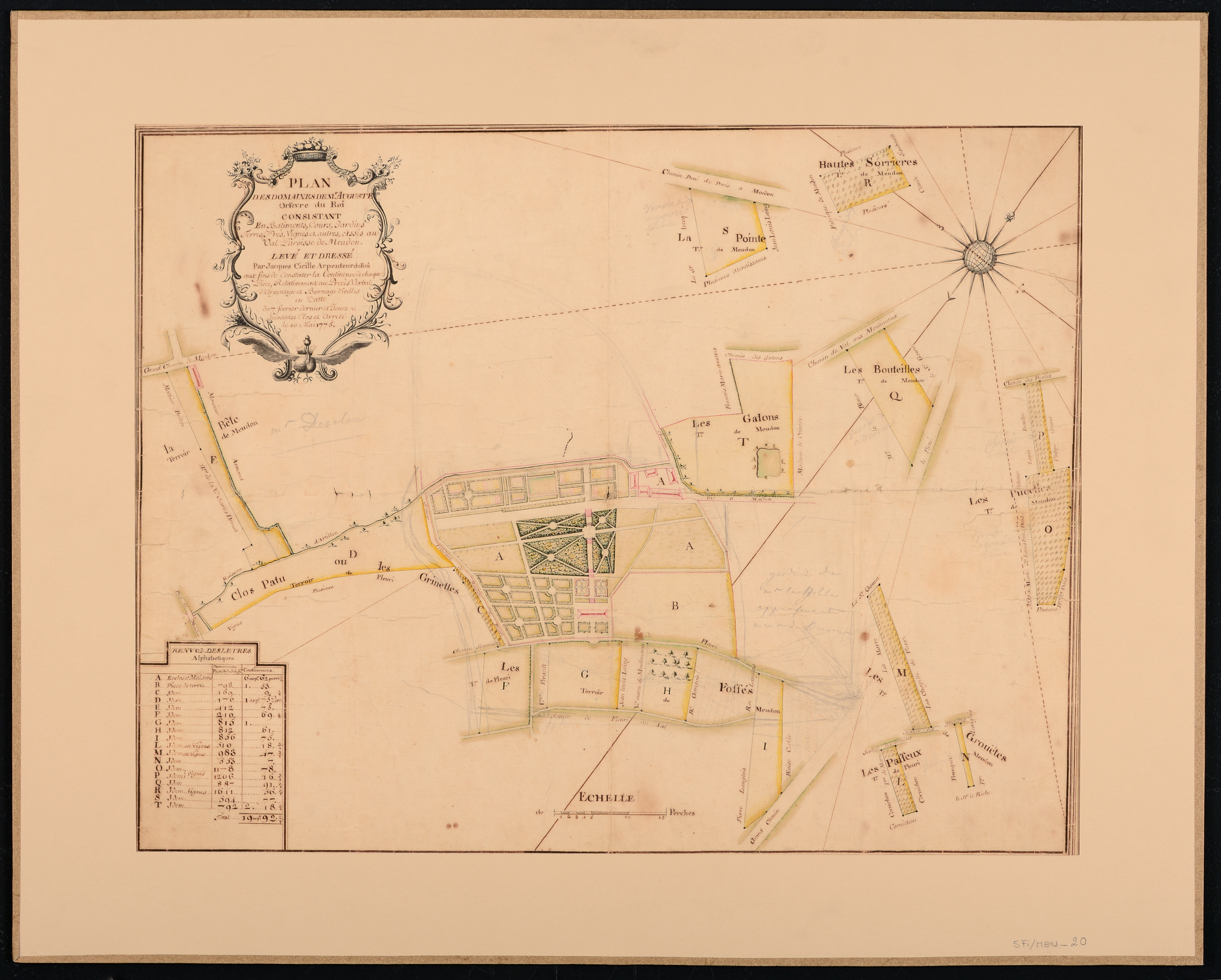 Plan des domaines de Mr Auguste, Orfèvre du Roi consistant en Batiments, Cours, Jardins, Terres, Près, Vigne et autres, Assis au Val, Paroisse de Meudon. 1775.