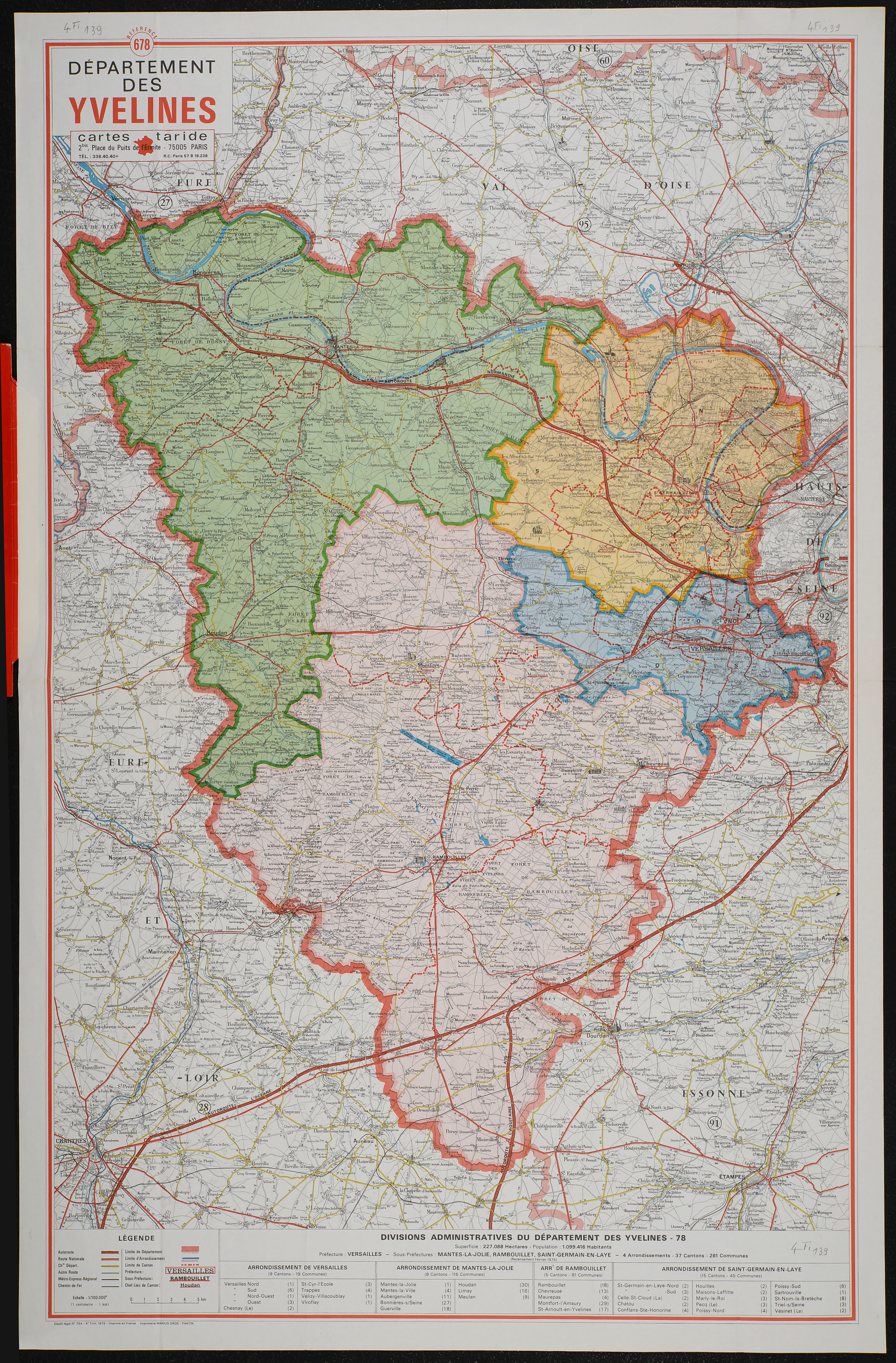 Département des Yvelines : carte routière et administrative. 1976.