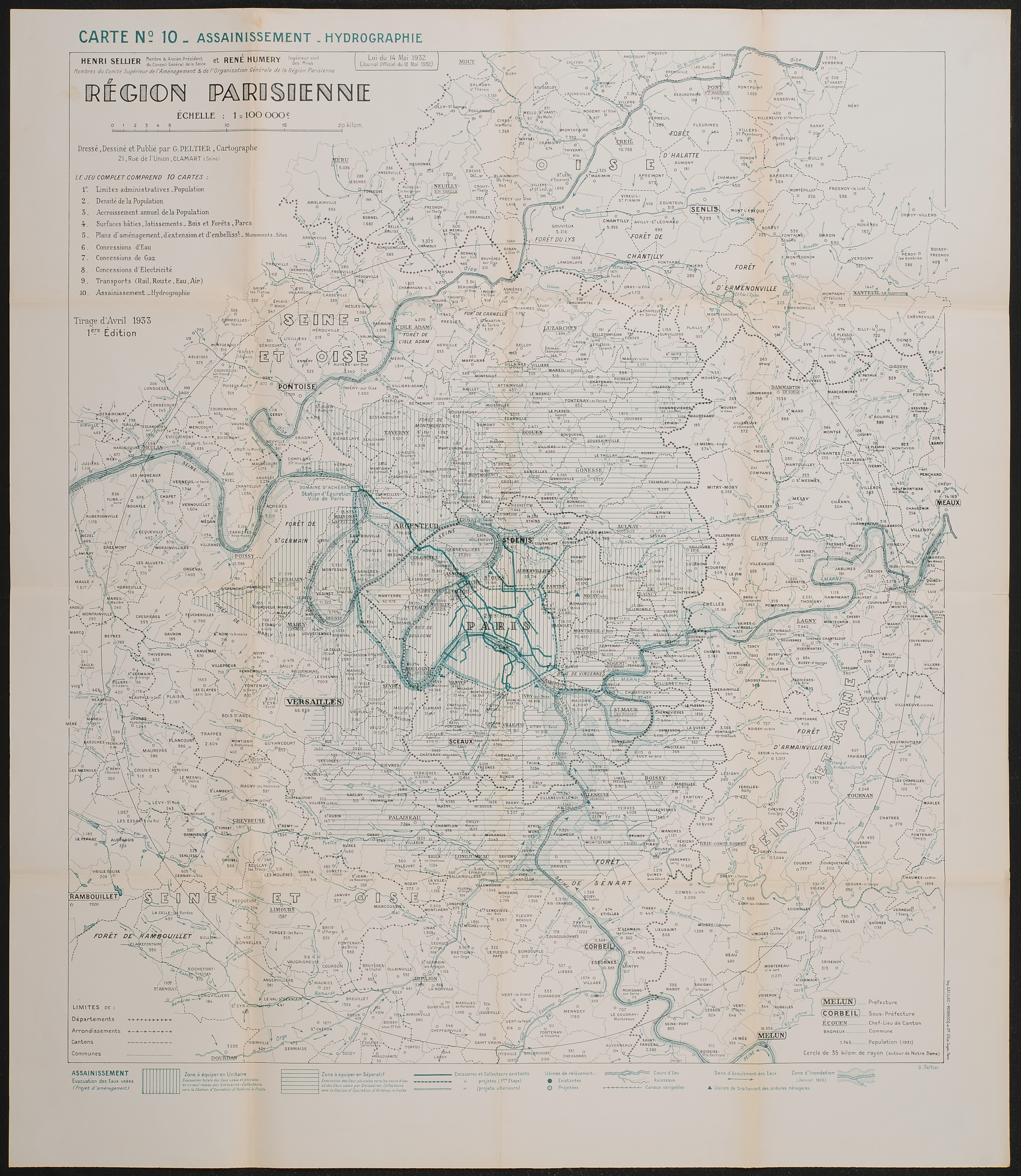 Région parisienne : carte n° 10, Assainissement - Hydrographie. 1933.